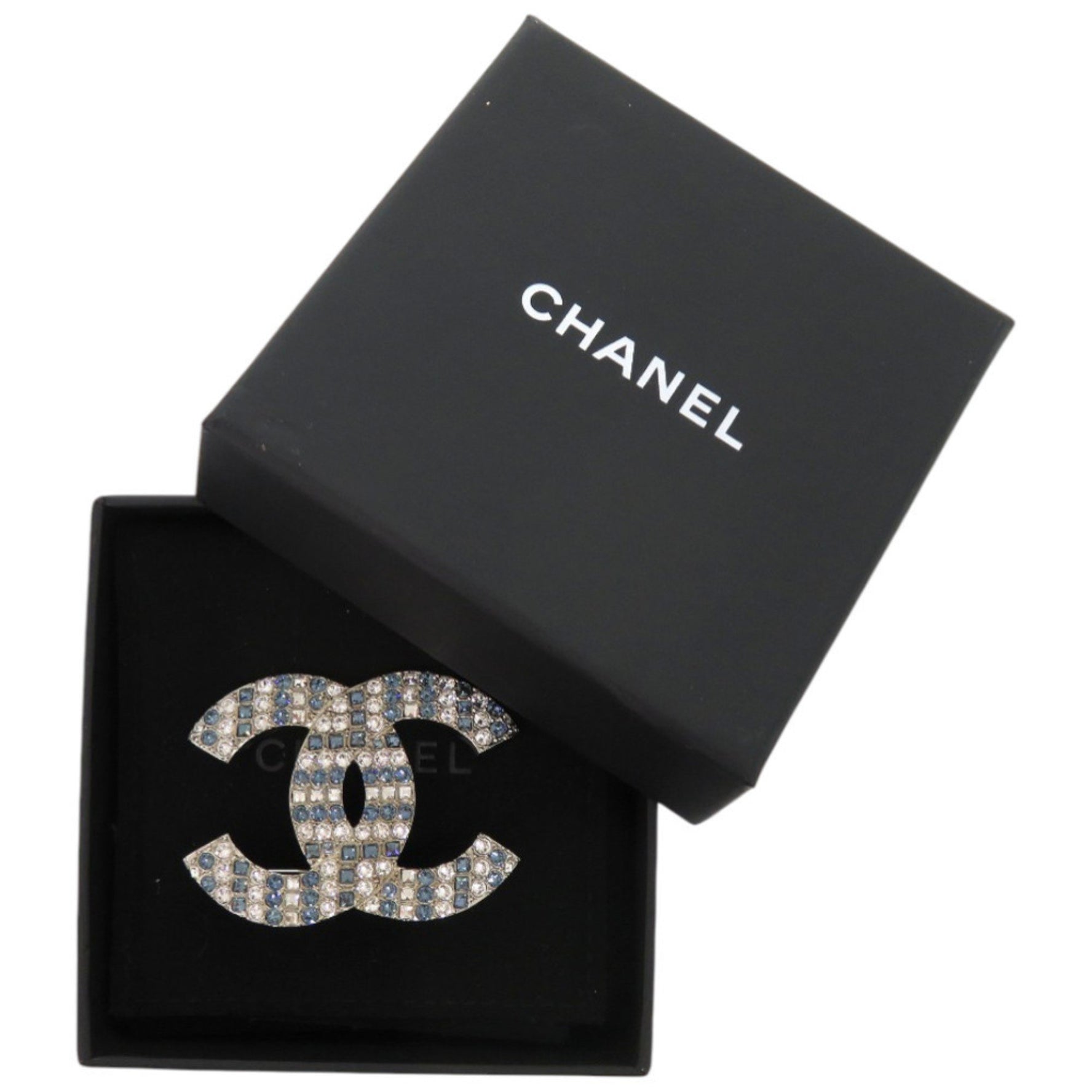 Chanel Coco Mark Rhinestone Metal Silver and Blue Brooch