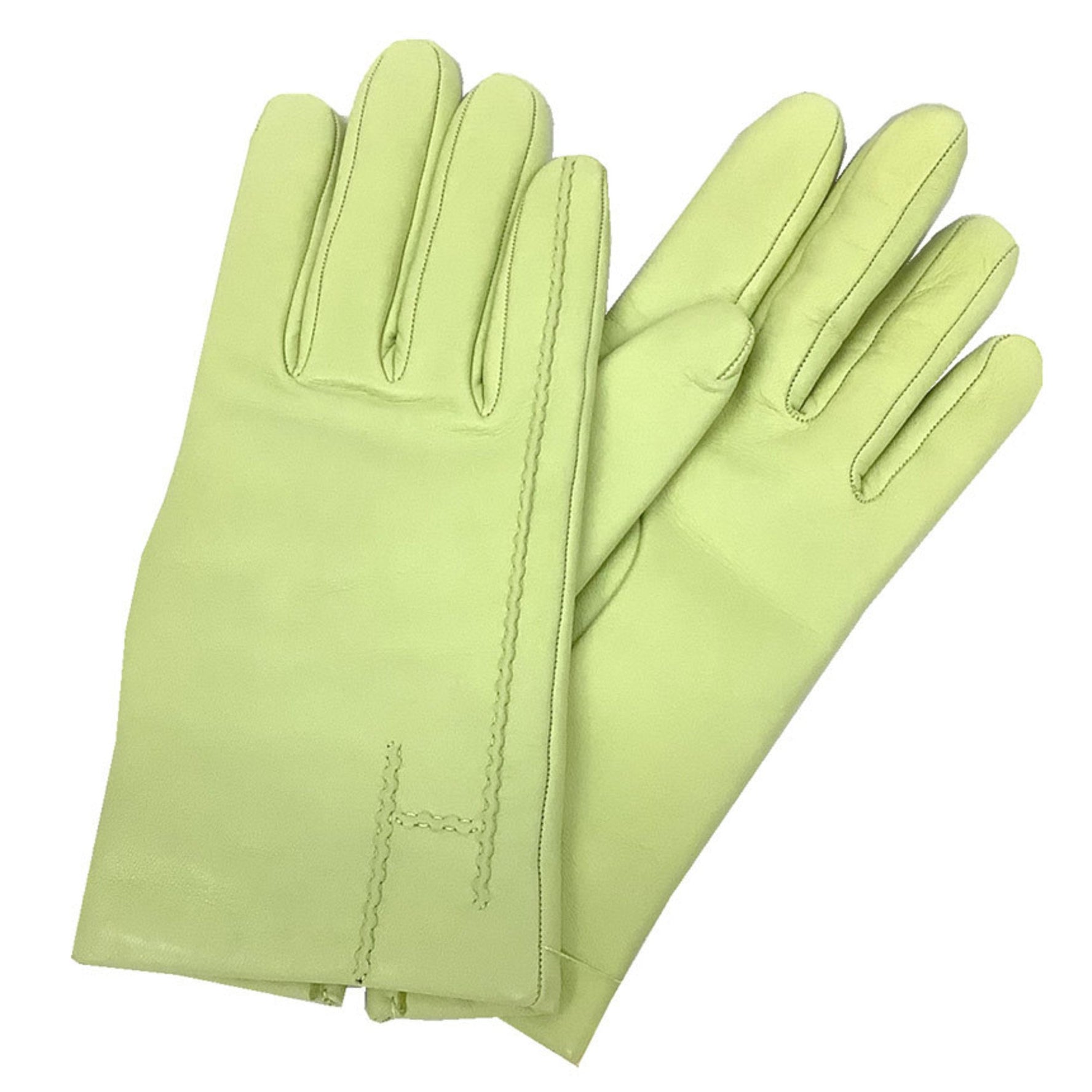HERMES GANTS FEMME POEME BI Leather Gloves Size 7.5 Sheepskin with Cashmere Lining, Anise Green