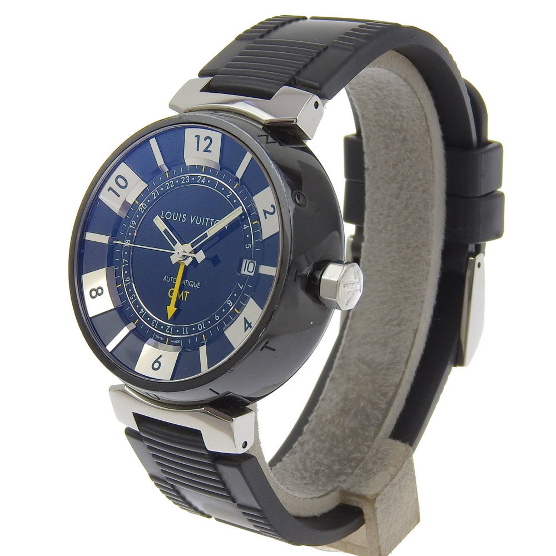 Louis Vuitton Tambour GMT Watch Stainless Steel x Rubber Automatic Black Dial