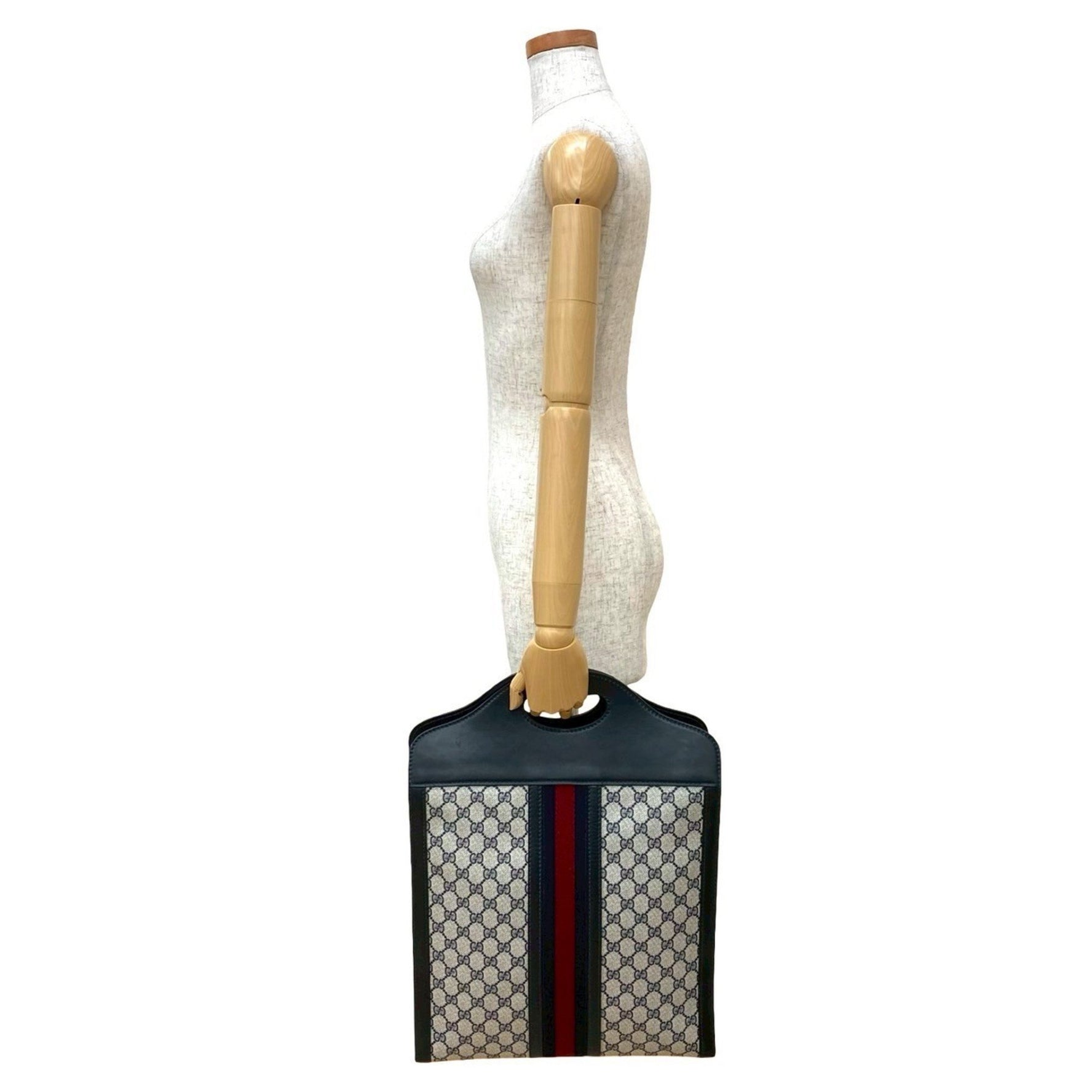 GUCCI Old Sherry Line GG Logo Leather Handbag Tote Bag Navy