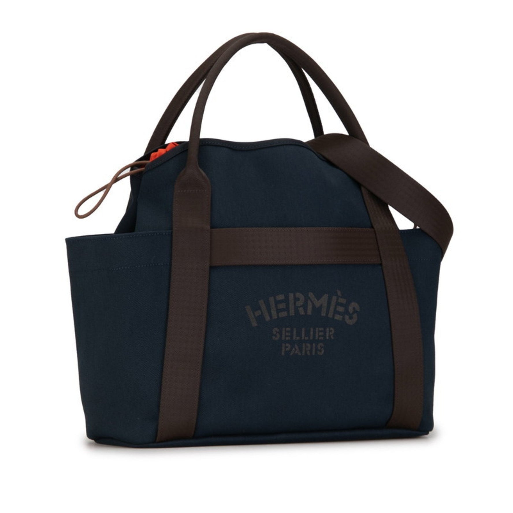 Hermes Sac de Pansage Groom Tote Bag Handbag Shoulder Navy Brown Canvas Leather