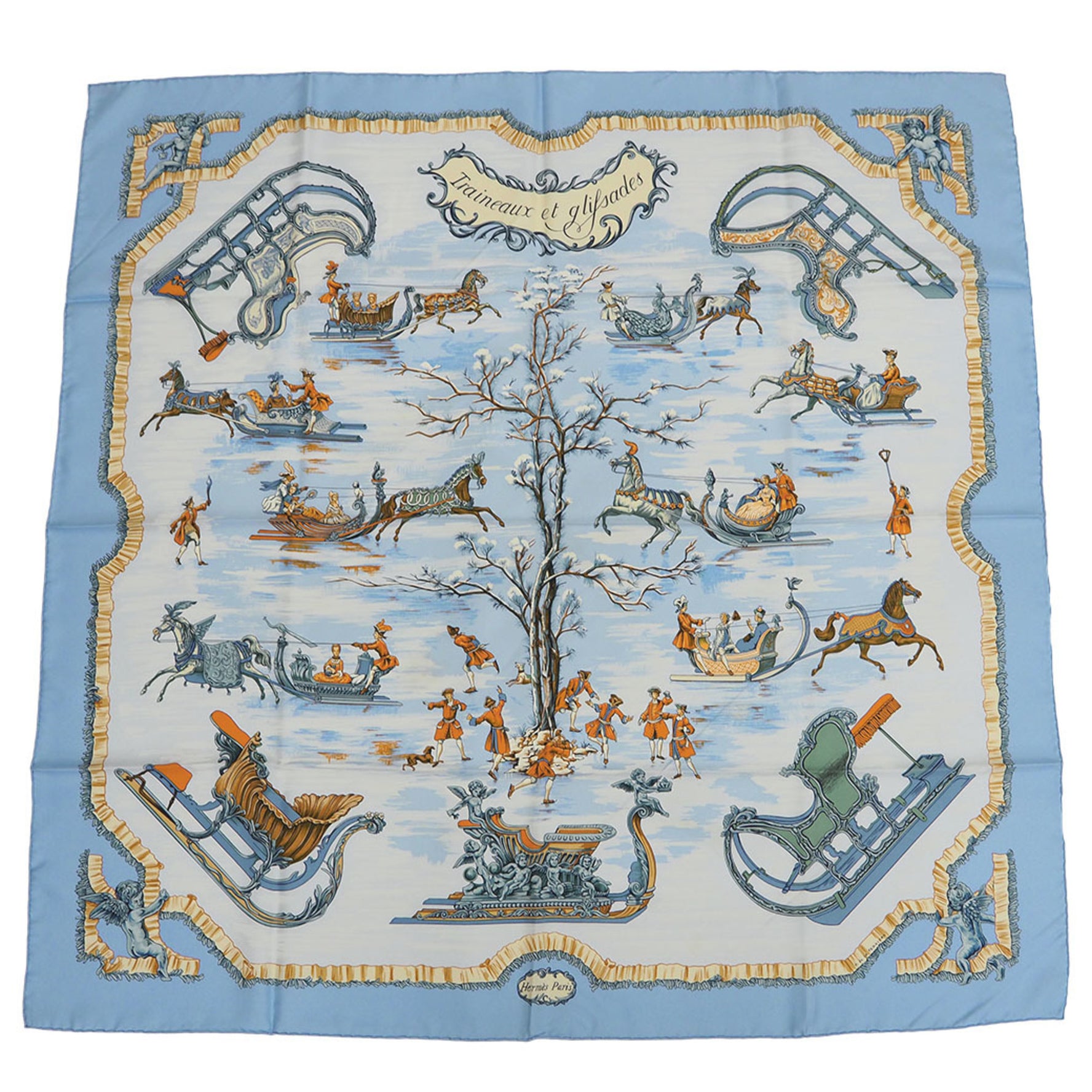 HERMES Carre 90 Traineaux et glifsades Sori and Skate Horse Light Blue Scarf Muffler