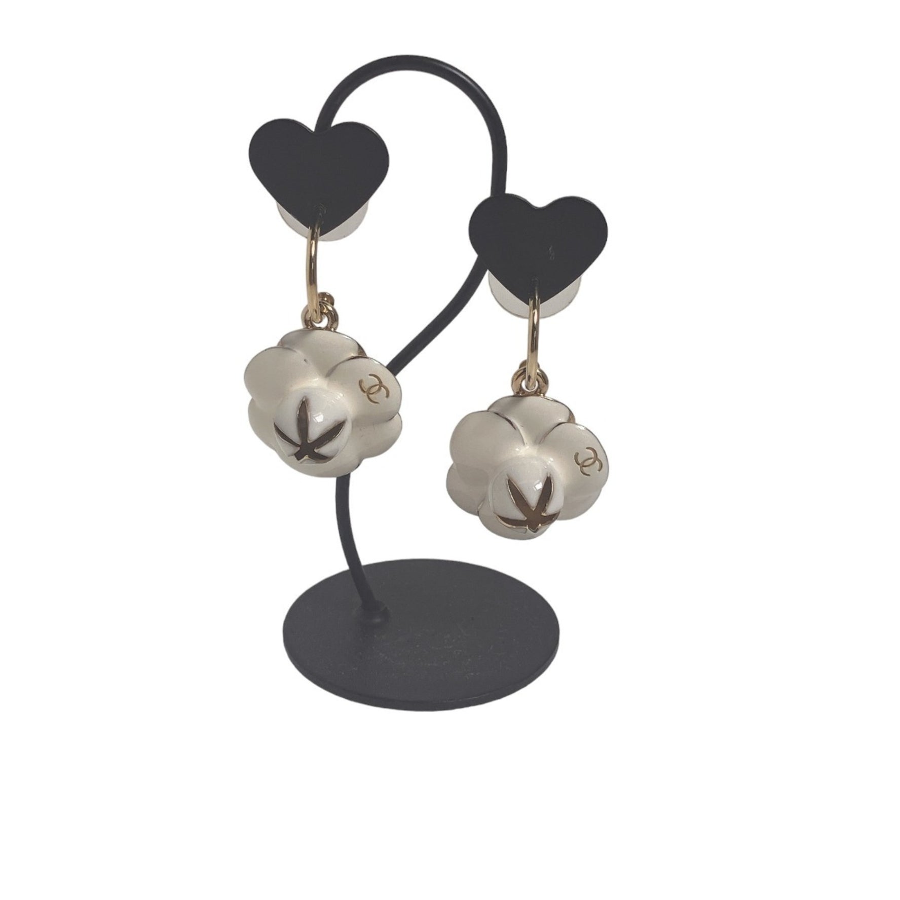 CHANEL Hoop Earrings Coco Mark Camellia White/Gold