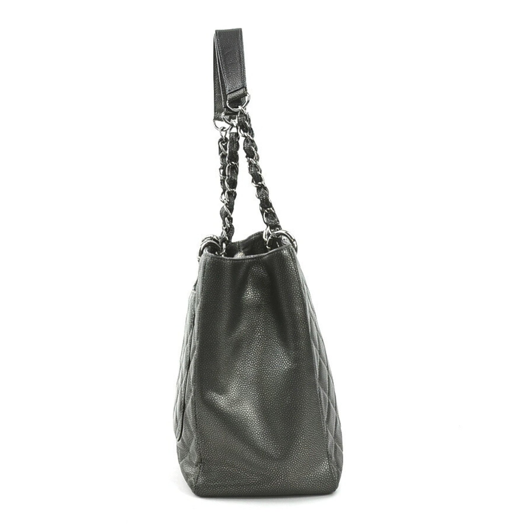 CHANEL Shoulder Bag GST Caviar Skin Leather Metallic Gray Silver