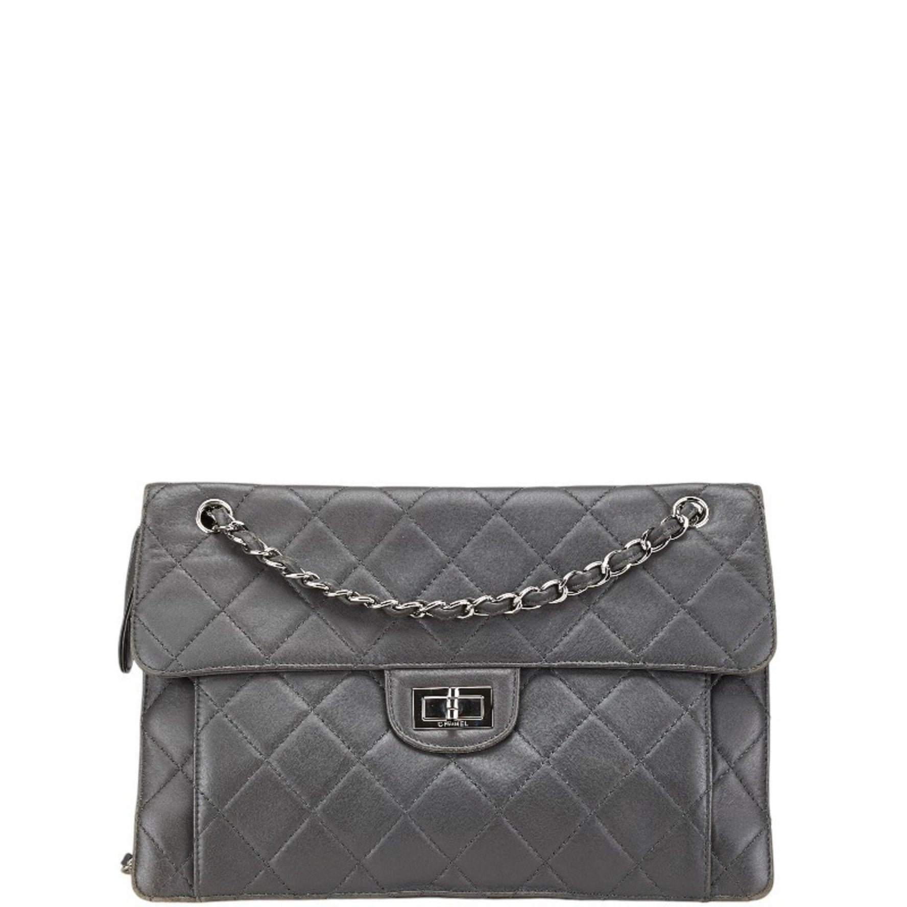 Chanel Matelasse 2.55 Coco Mark Chain Shoulder Bag Grey Lambskin