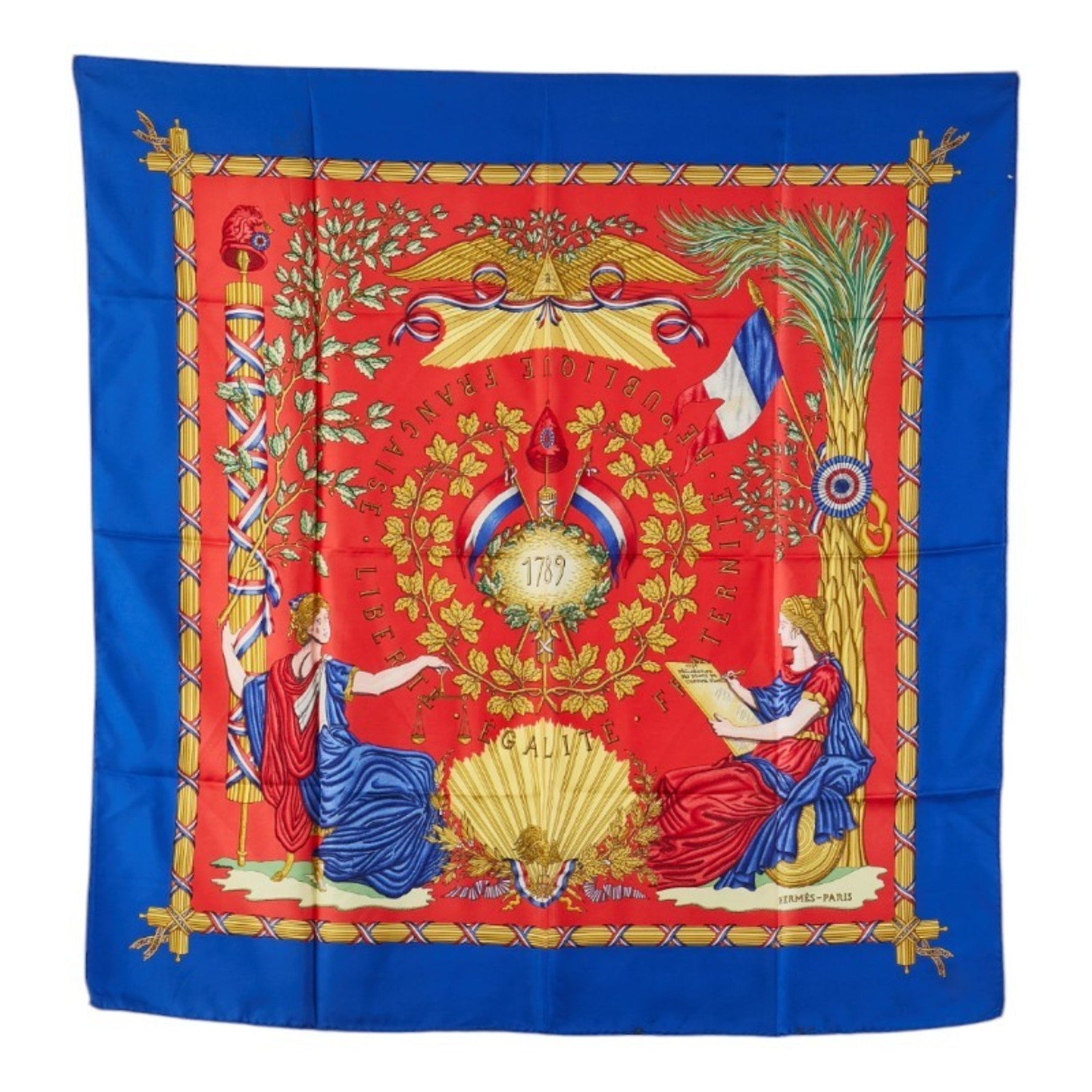 Hermes Carré 90 1789 LIBERTE EGALITE FRATERNITE REPUBLIQUE FRANCAISE Scarf muffler in commemoration of the French Revolution, blue, multi-colored, silk