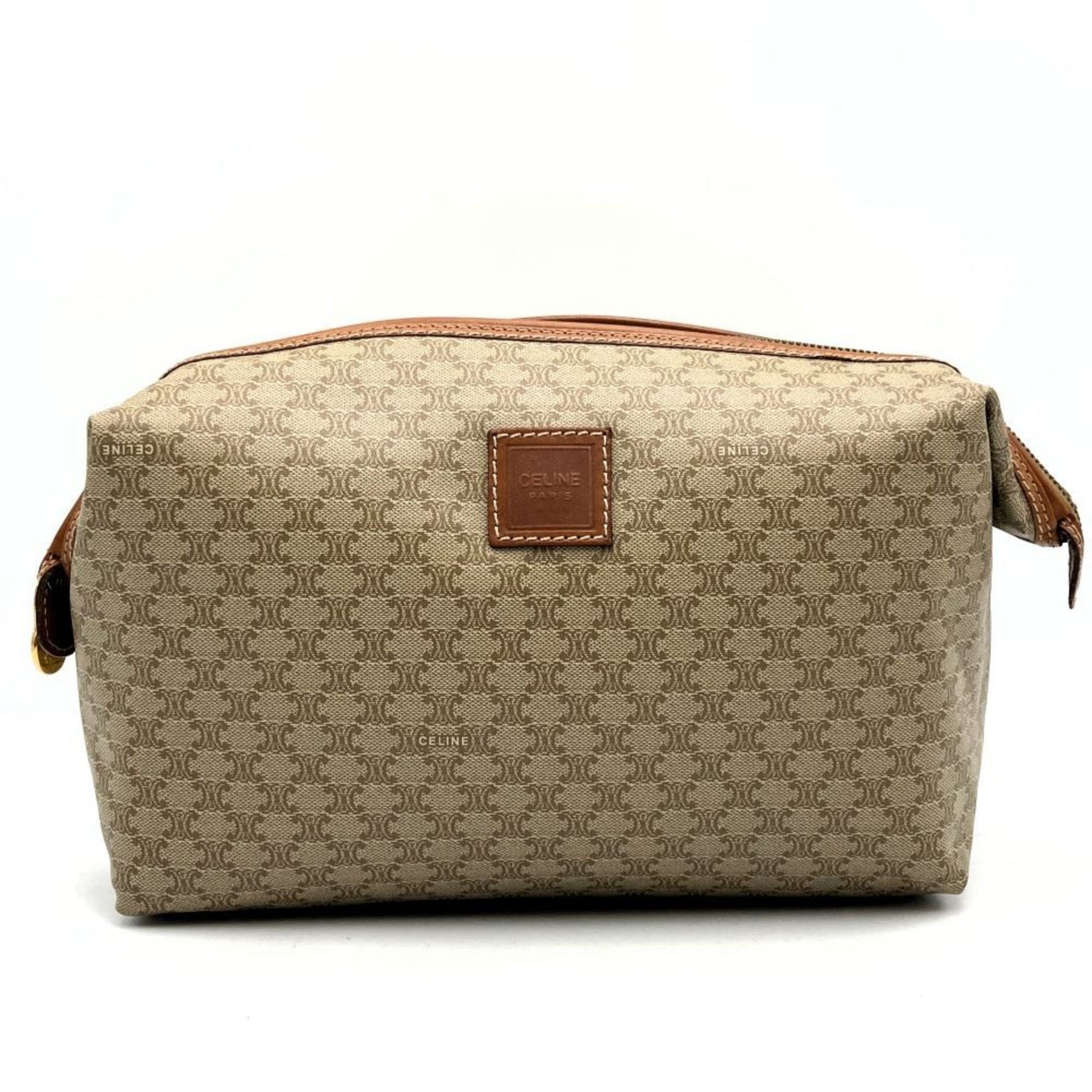 CELINE Pouch Clutch Bag in Macadam Beige and Brown Leather