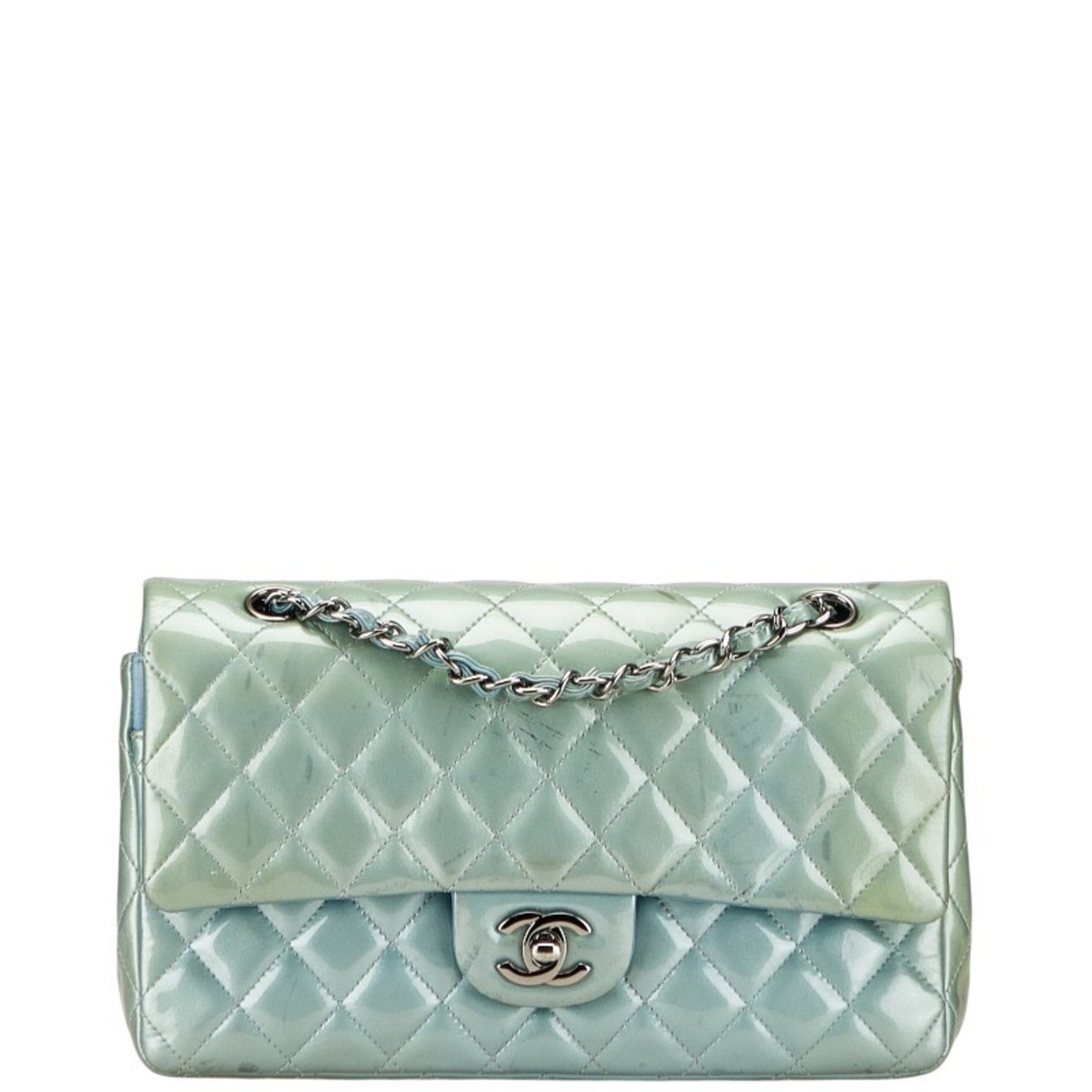 CHANEL Coco Mark Matelasse 25 Double Flap Chain Shoulder Bag in Metallic Green Patent Leather