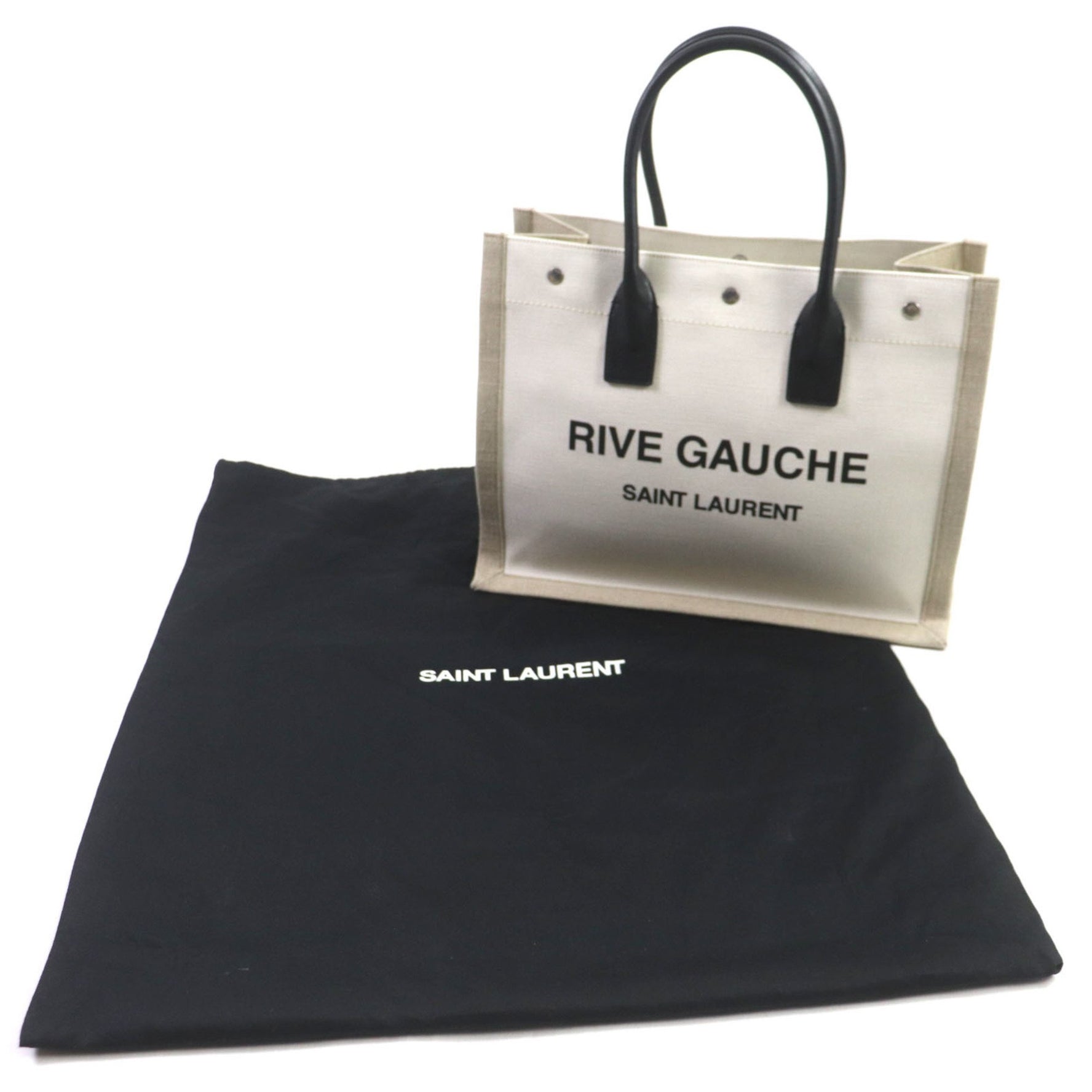 SAINT LAURENT Rive Gauche Logo Canvas and Leather Tote Bag in Beige Black with Dust Bag, Made Italy Women