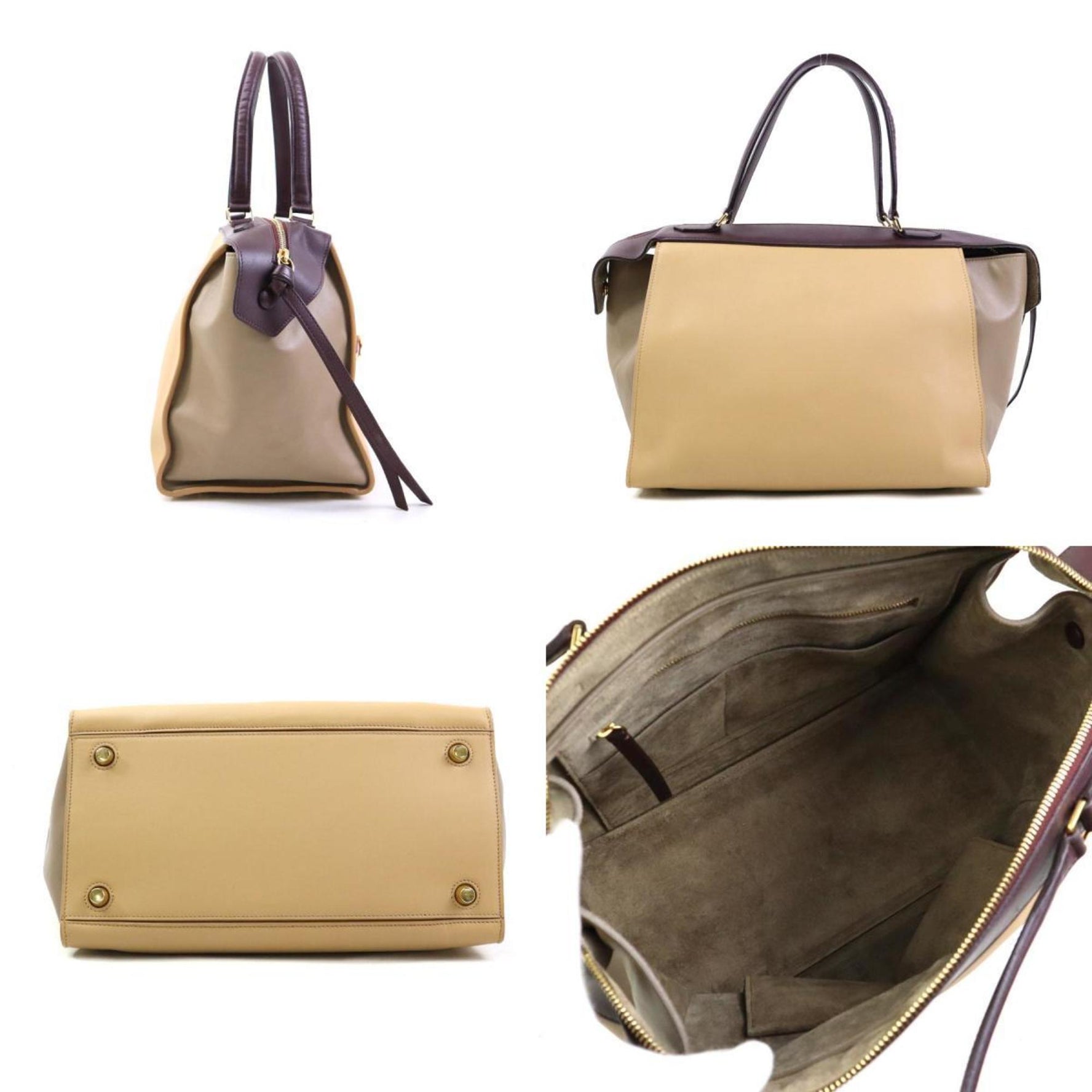 Celine Small Ring Handbag in Beige and Wine Red Leather