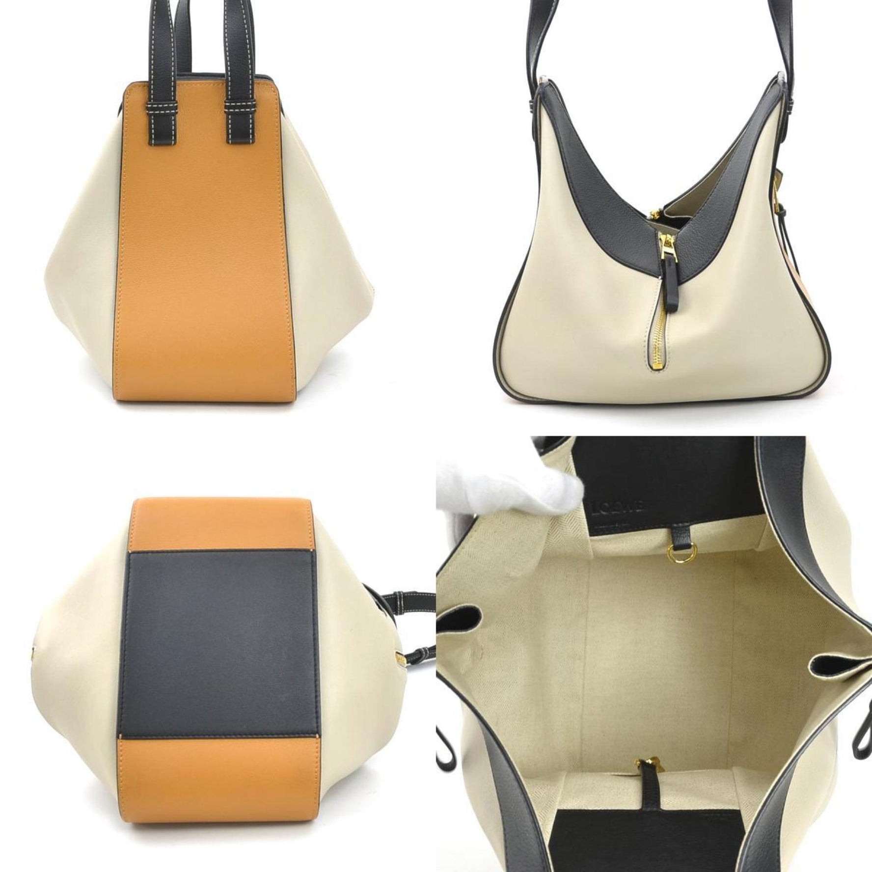 LOEWE Hammock Small Leather Handbag Shoulder Bag in Brown, Greige, Black, and Gold Women