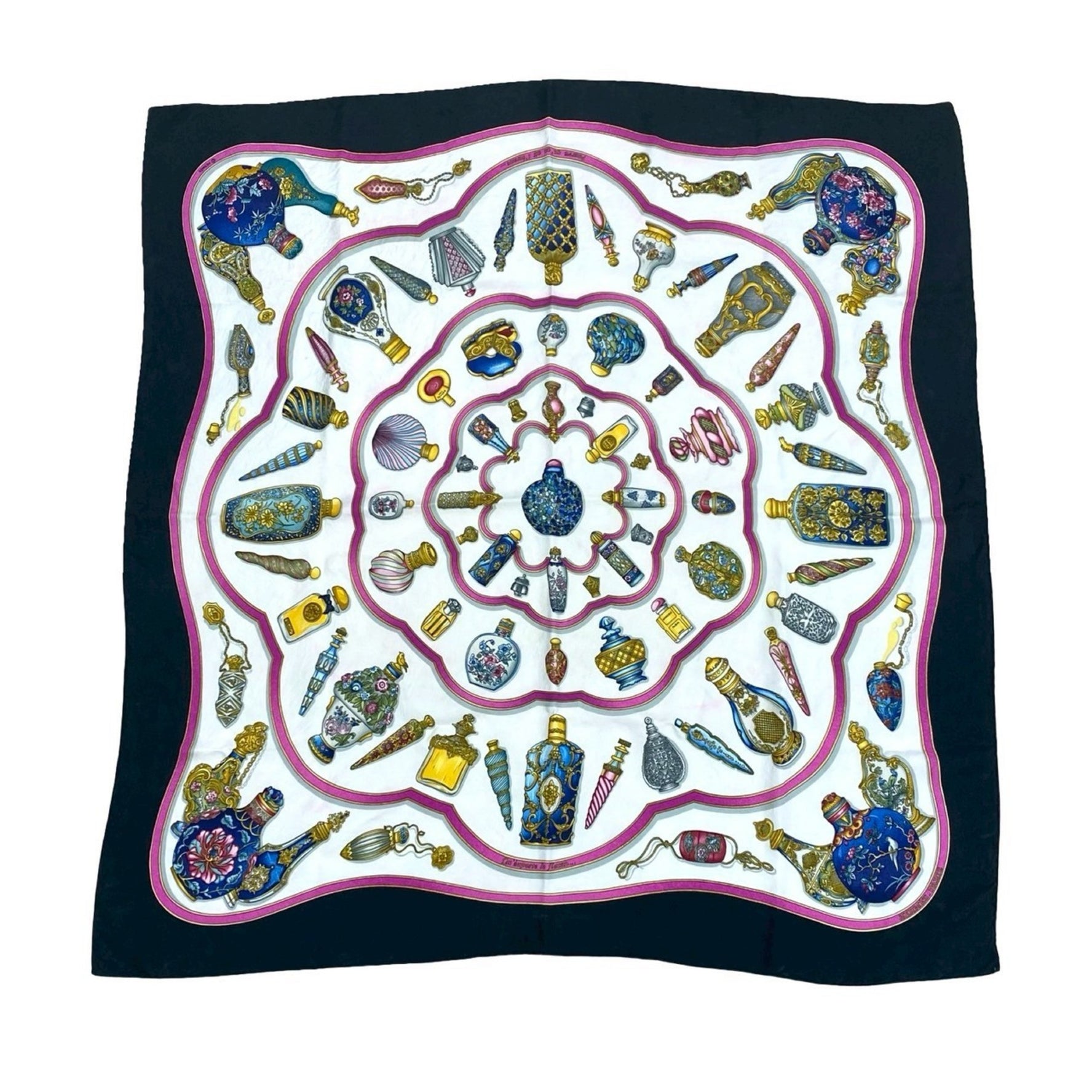 HERMES Vintage Carré 90 "Qu'Importe Le Flacon" Perfume Bottle Silk Scarf Black Multicolor
