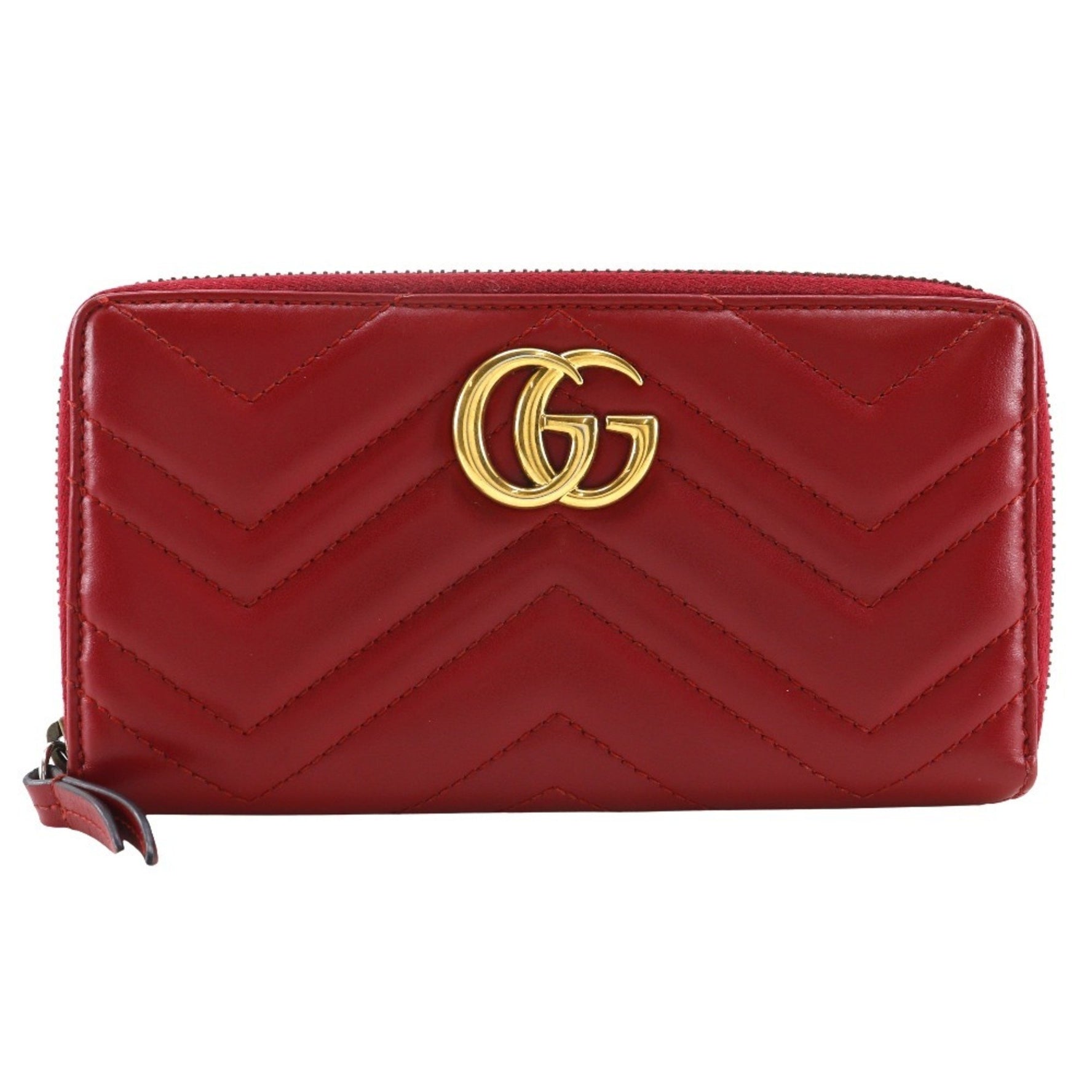 GUCCI Double G Zip Around Wallet Long GG Marmon Chevron Quilting Leather Red zip around wallet