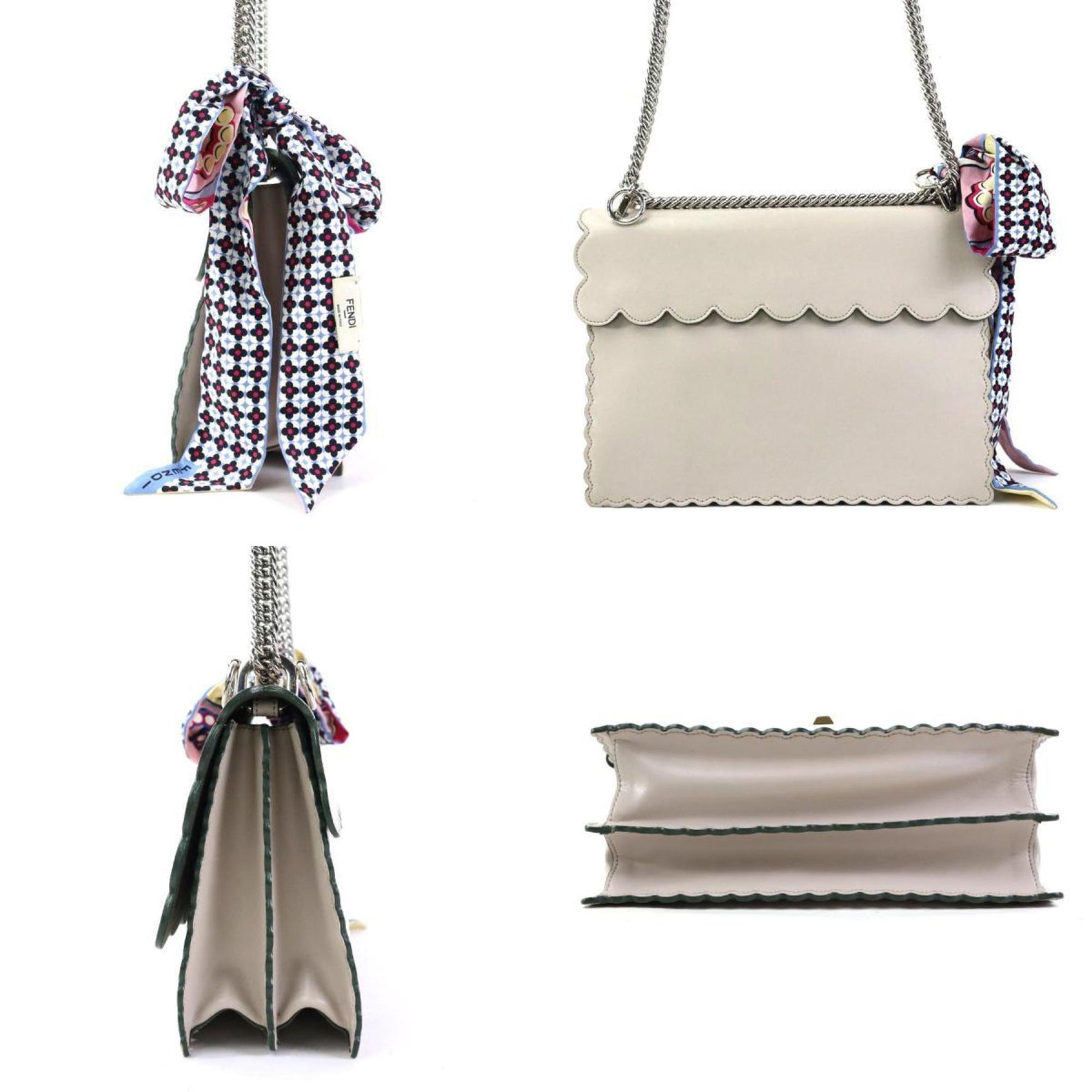 FENDI handbag shoulder bag scarf muffler Canai leather silk light gray silver OZC