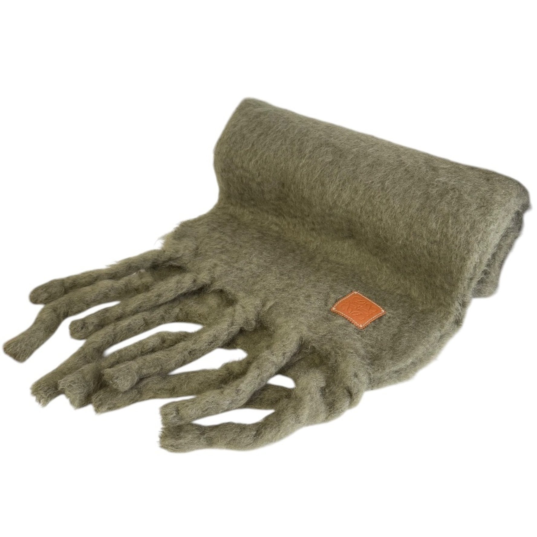 LOEWE Anagram Leather Patch Mohair Wool Blend Fringe Long Shaggy Scarf Men's