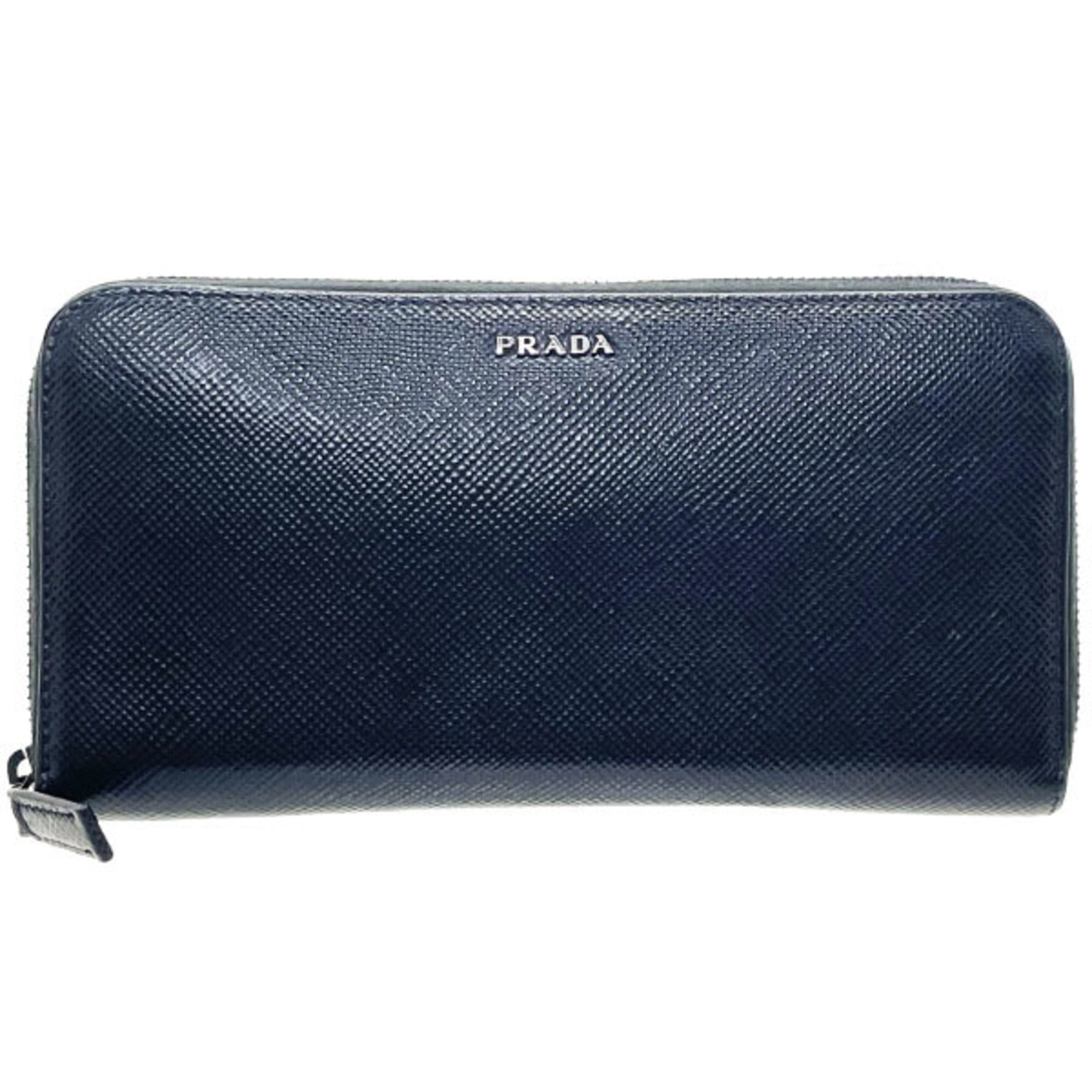 Prada Long Wallet Round Saffiano Leather Triangle Plate NERO