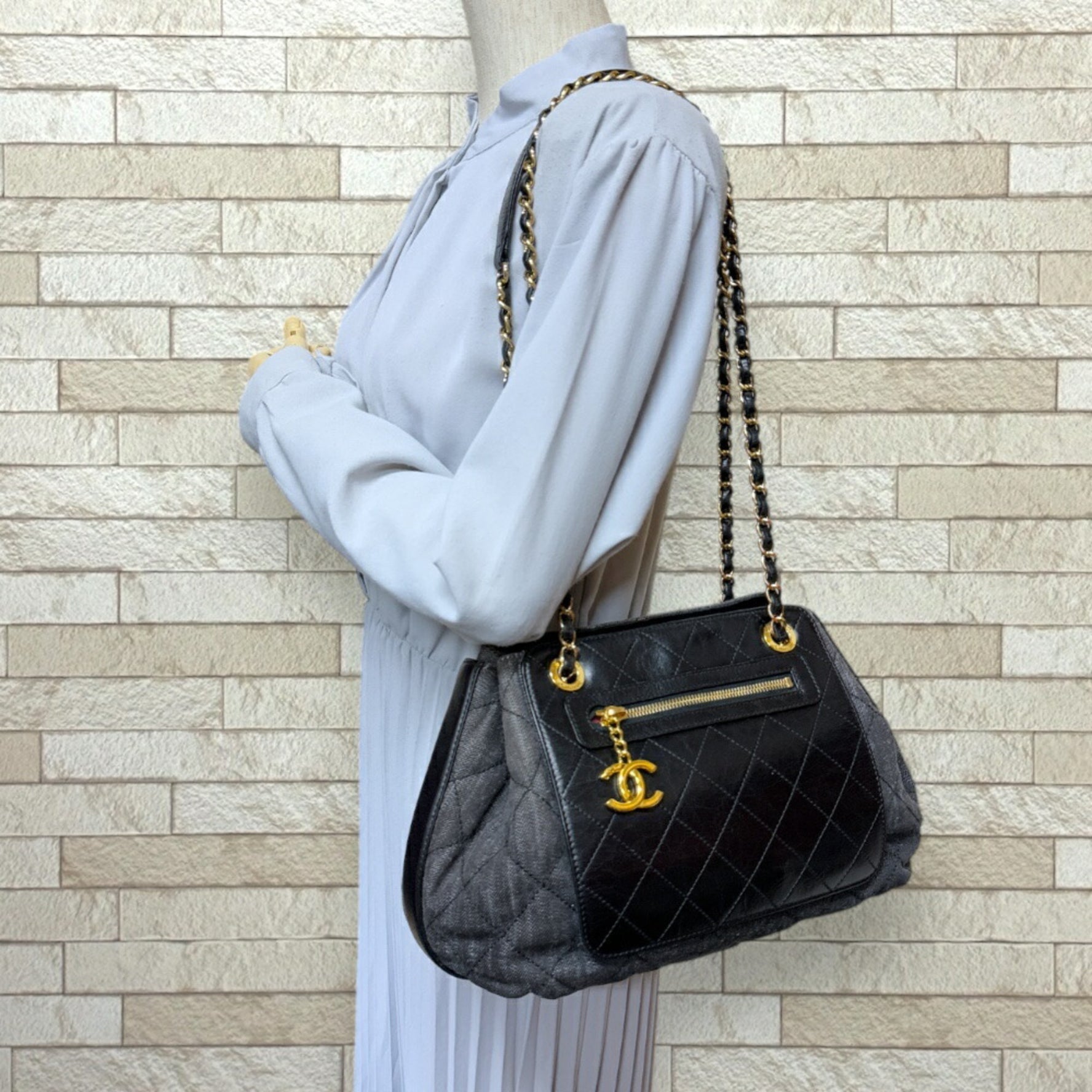 Chanel Shoulder Bag Denim Grey Double Chain