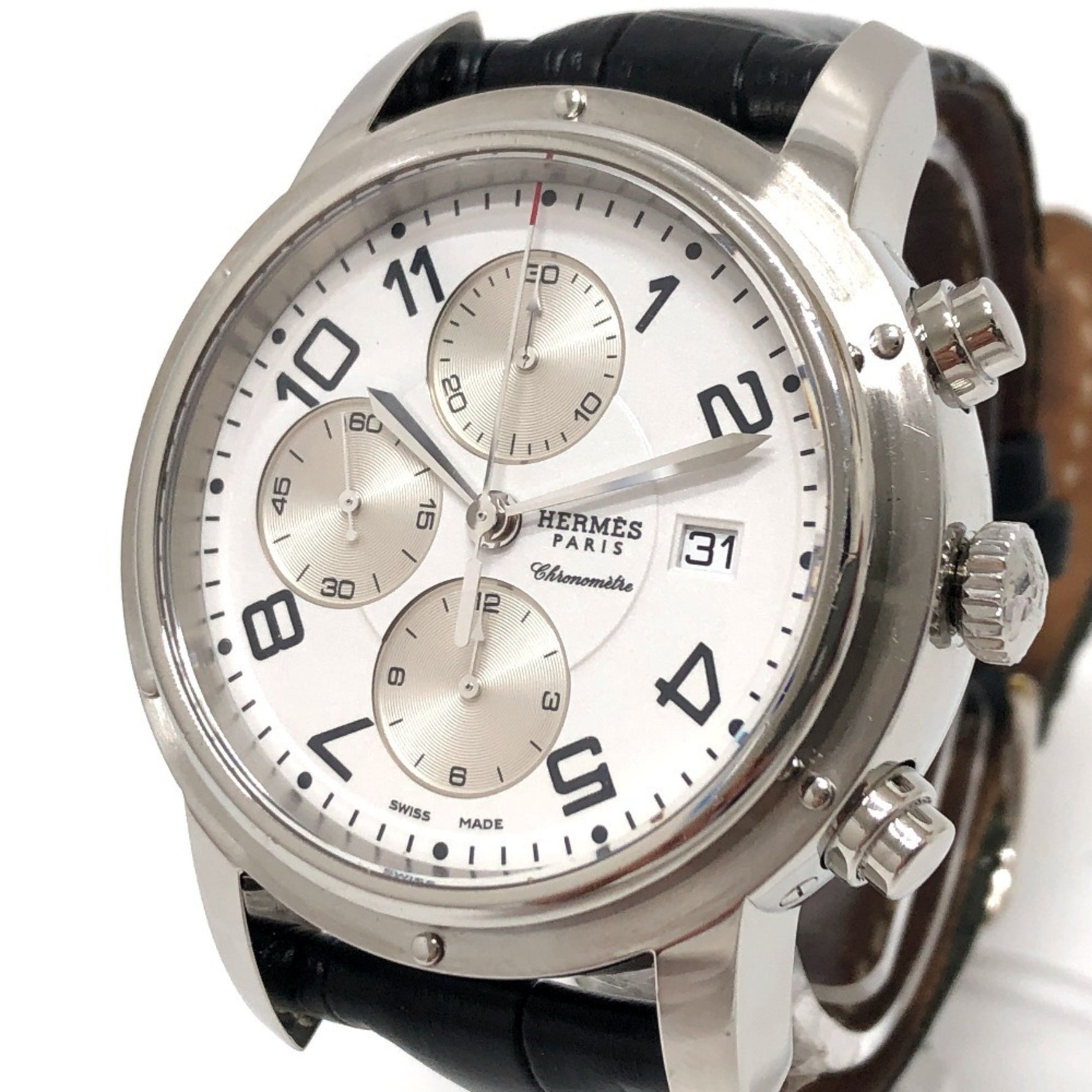 HERMES Clipper Chrono Automatic Chronograph Date Wristwatch Watch SS Silver