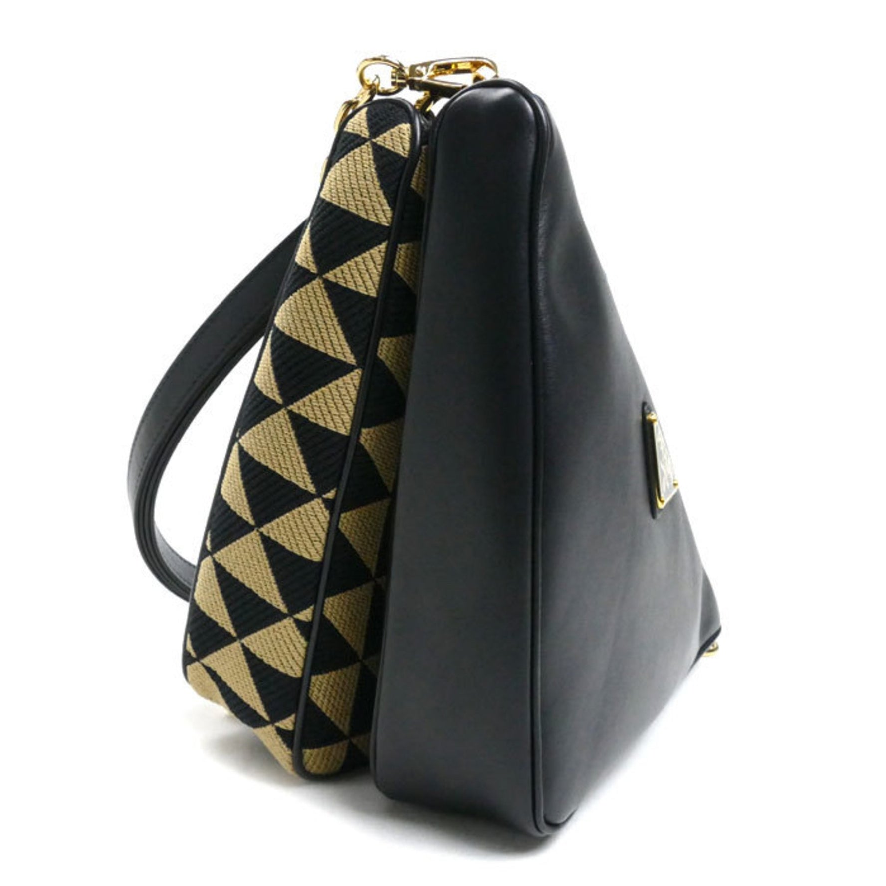 PRADA Triangle Bag Shoulder Black x Beige Leather Fabric