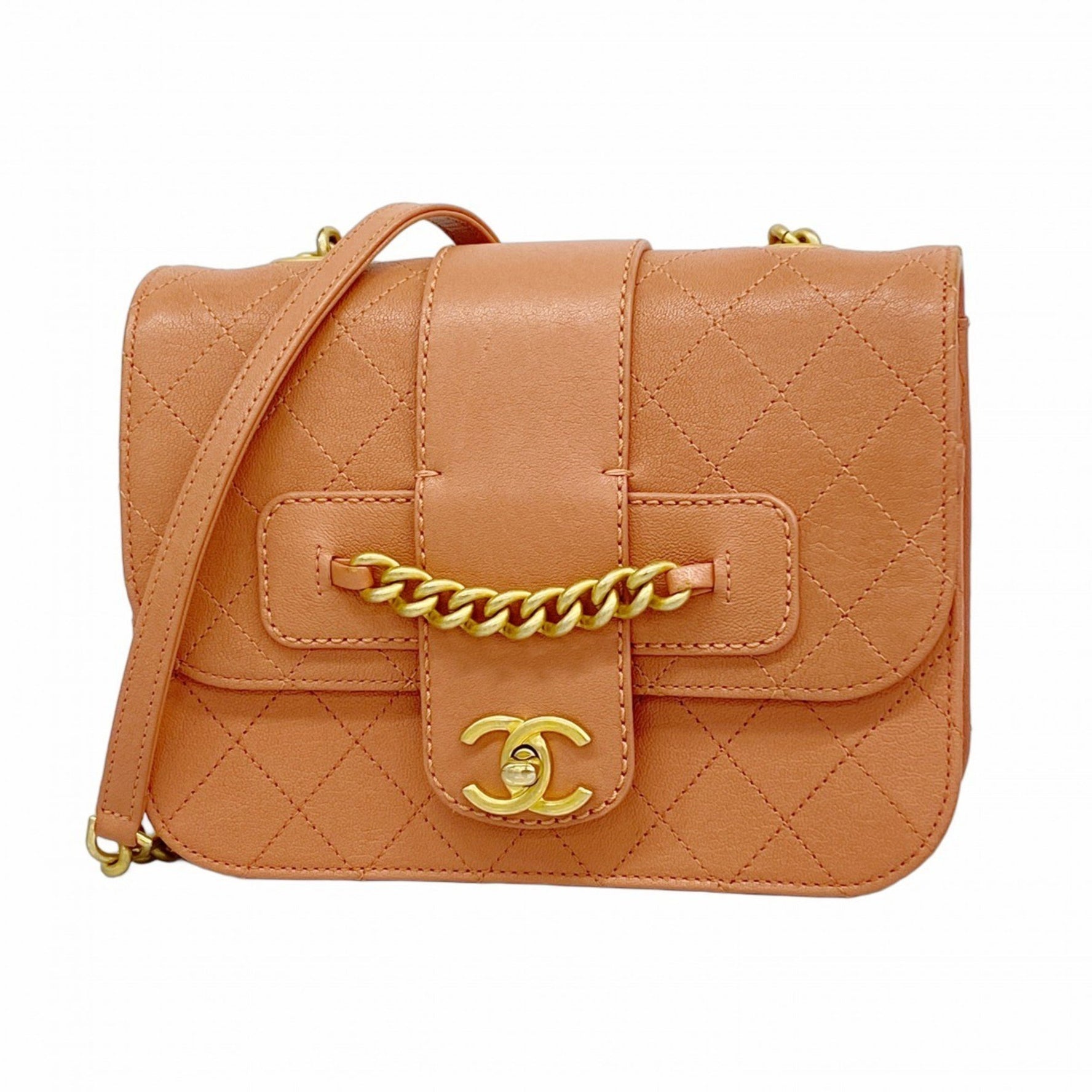 Chanel Matelasse Shoulder Bag with Chain Bag, Leather, Coral Pink