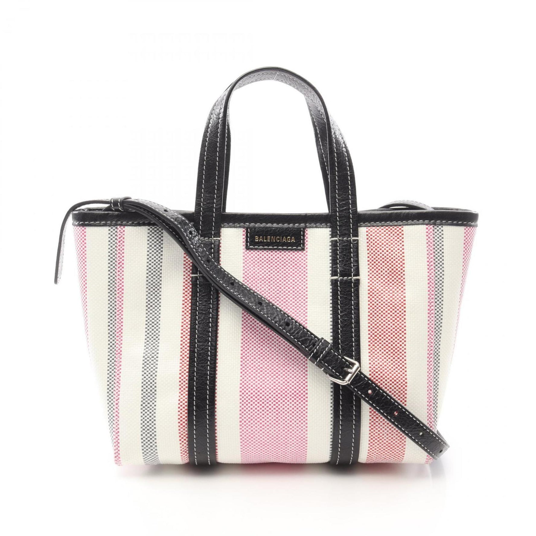 Balenciaga BARBES Small Handbag in Leather and Raffia, Black, White, Pink
