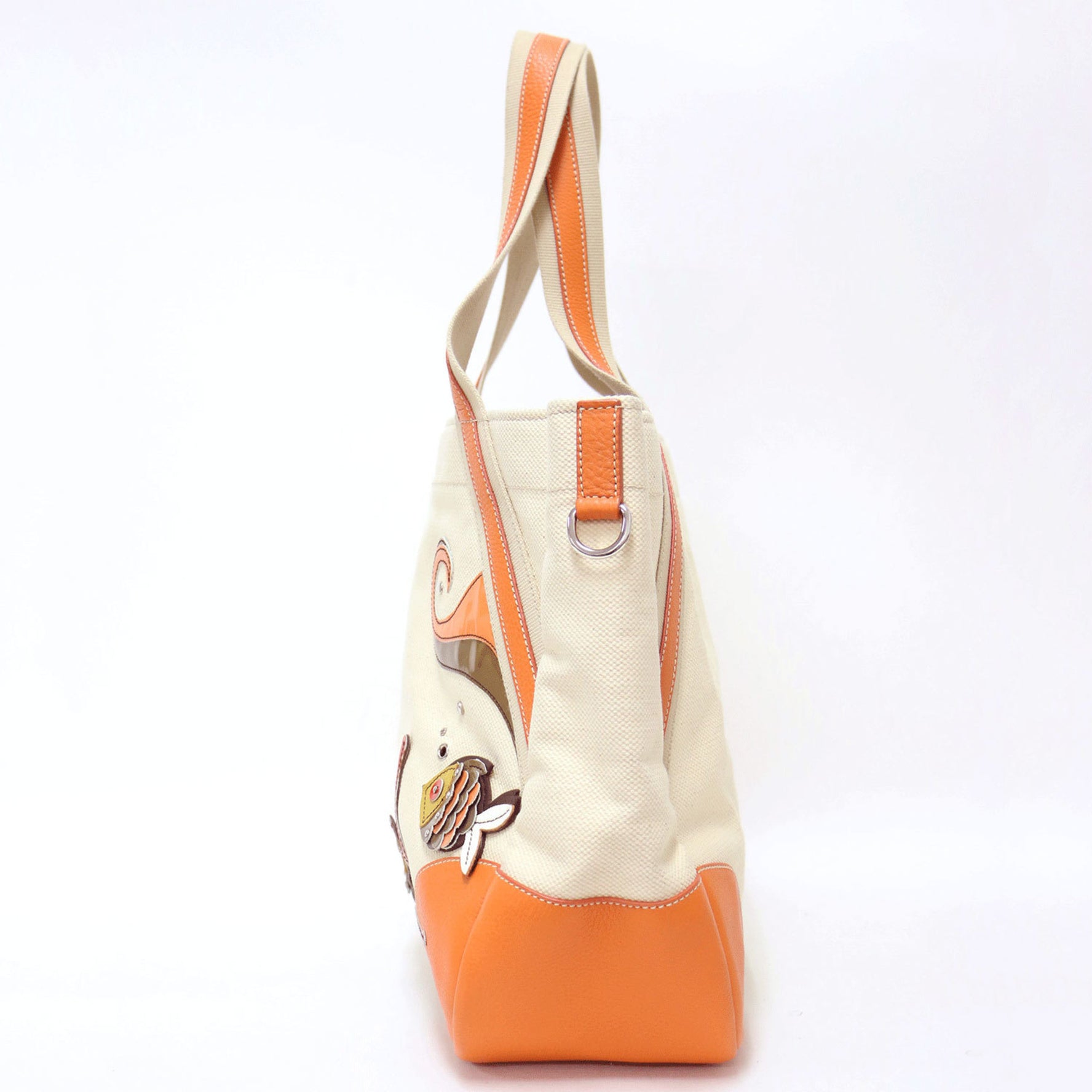 PRADA Bag Off-White Orange Canvas Leather Combination Tote Shoulder Seahorse Fish Motif