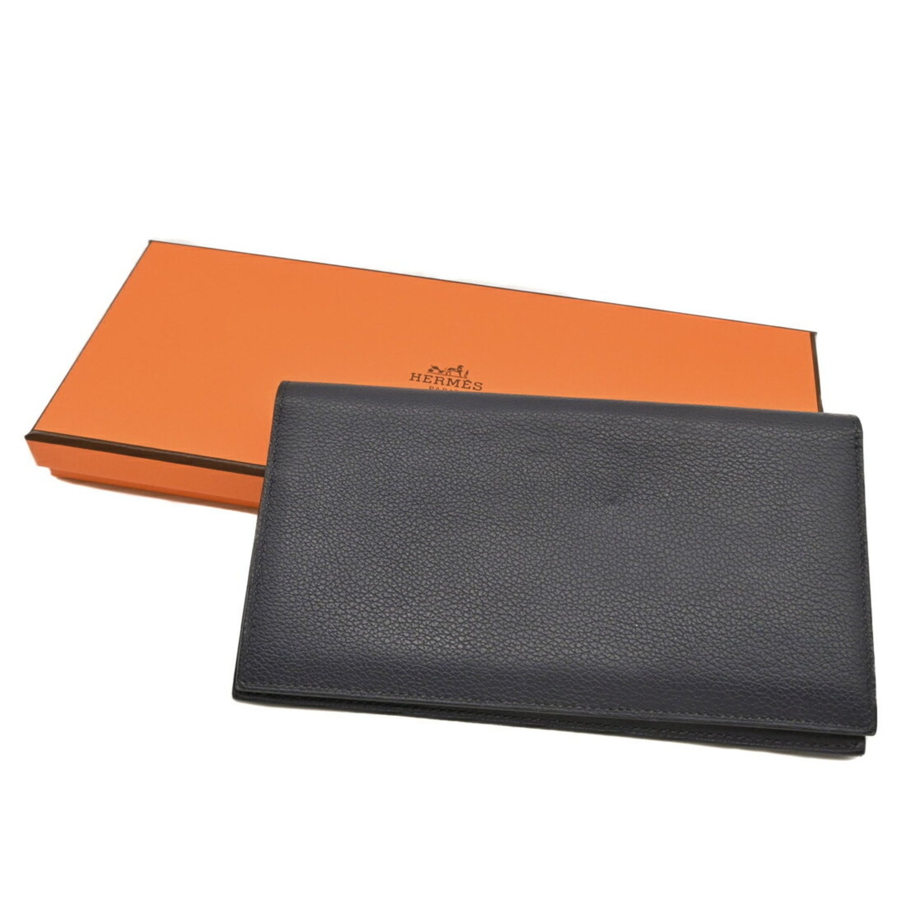 HERMES Citizen Twill Long Silkin Wallet Bifold Evercolor Leather Dark Navy
