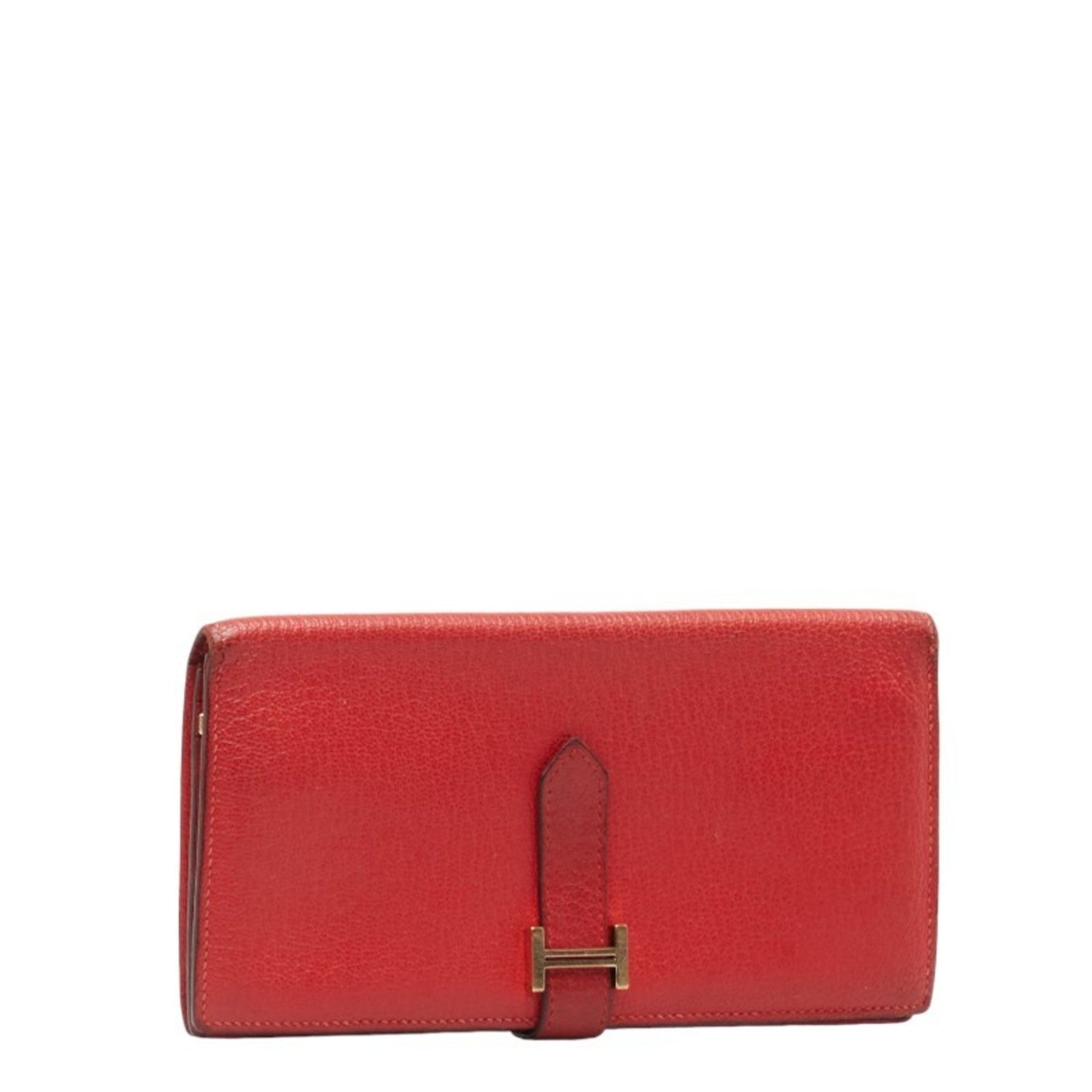 Hermes Bearn Soufflet Bi-fold Wallet Long Rouge Red Leather