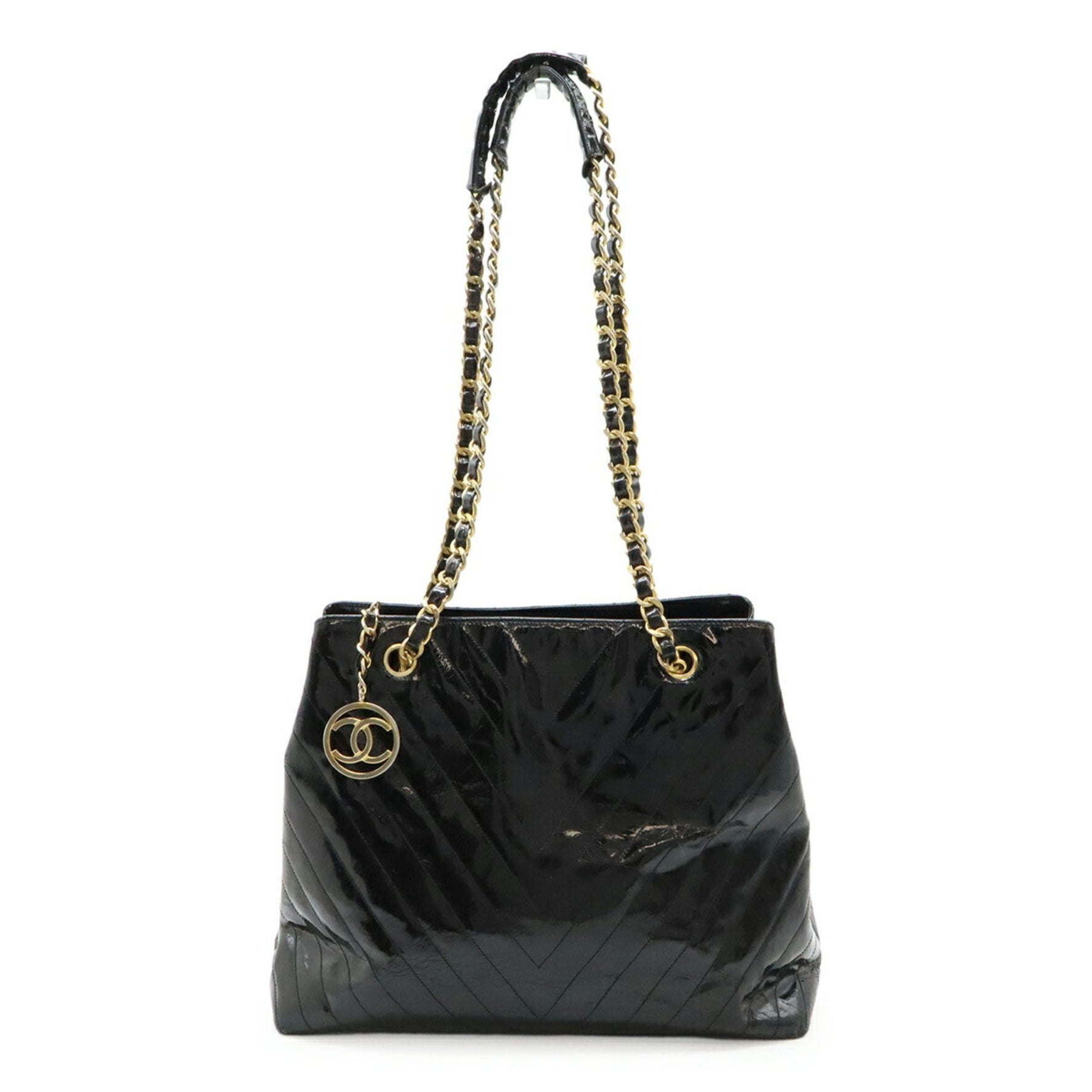 CHANEL V-stitch Coco Mark tote bag with chain shoulder strap in enamel leather