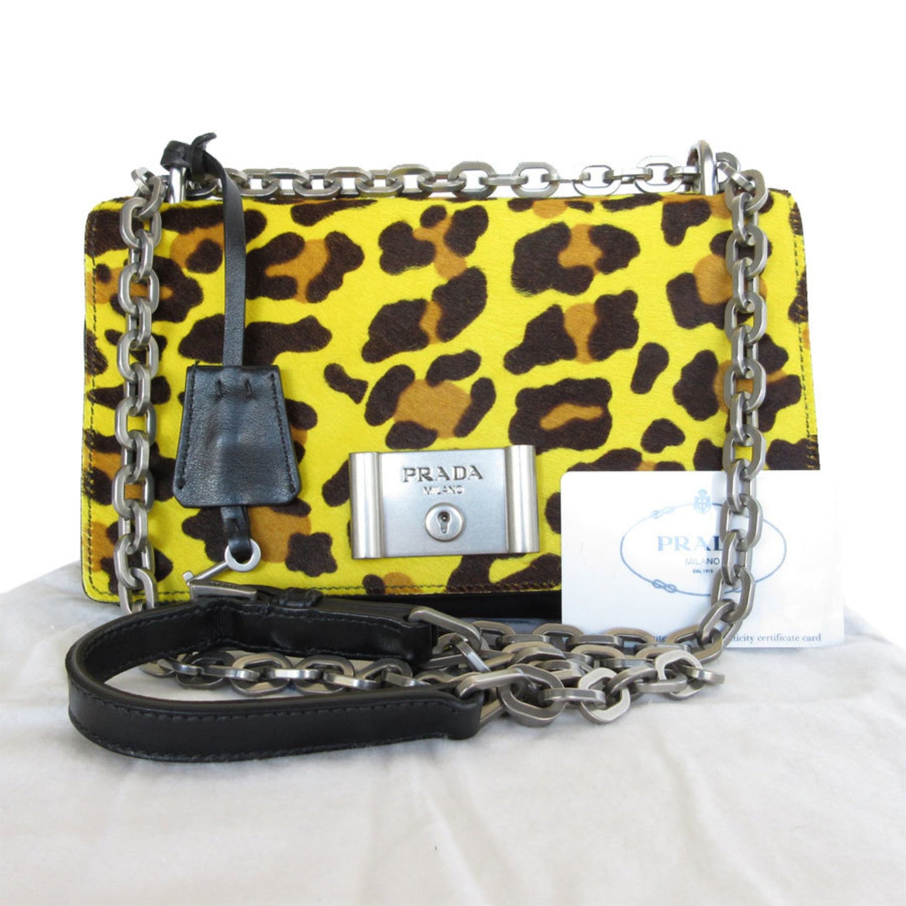 PRADA Shoulder bag, pony and nylon, yellow x brown black