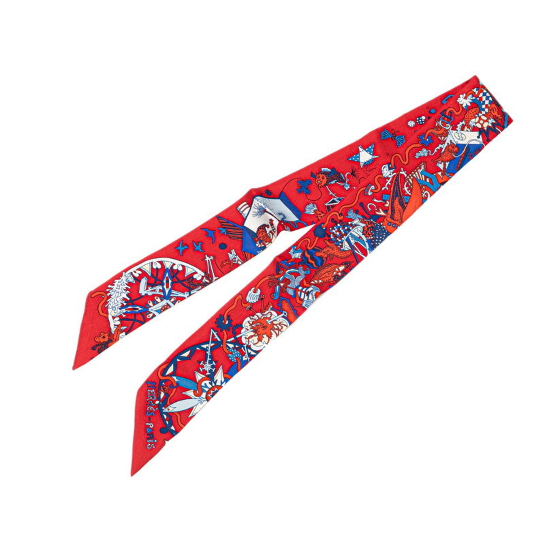 Hermes Hermès Twilly La Folle Parade Scarf, Red Multicolor Silk