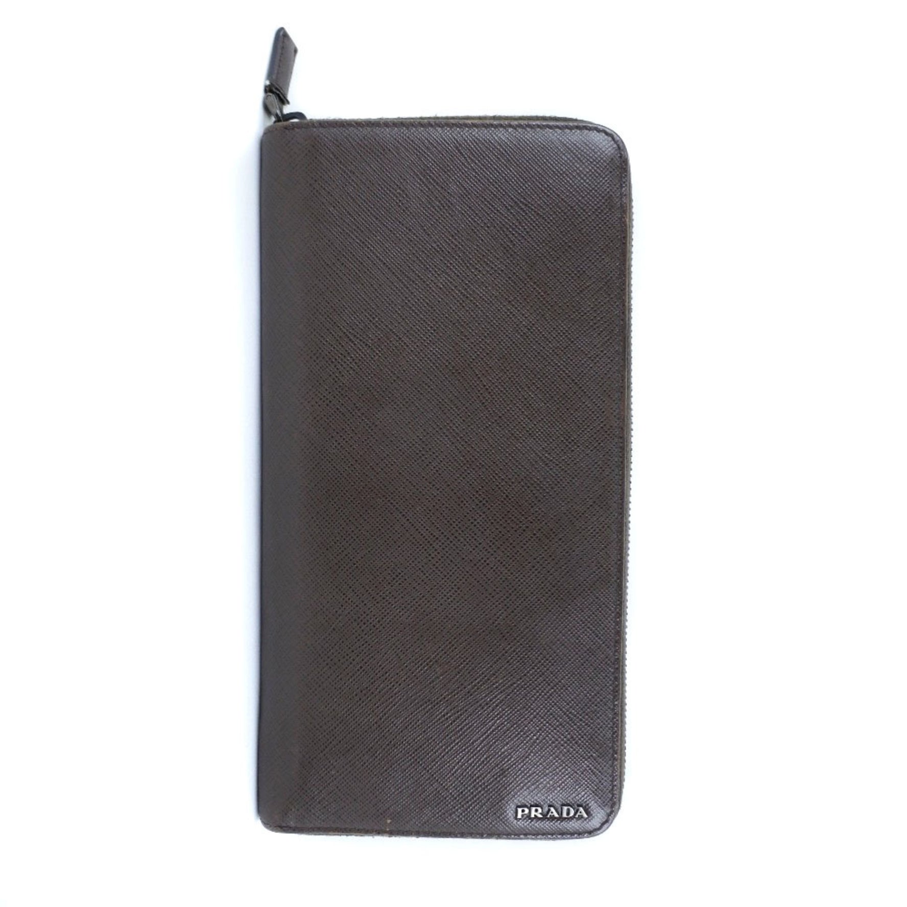 Prada Round Zipper Saffiano CAFFE+NERO Dark Brown Long Wallet
