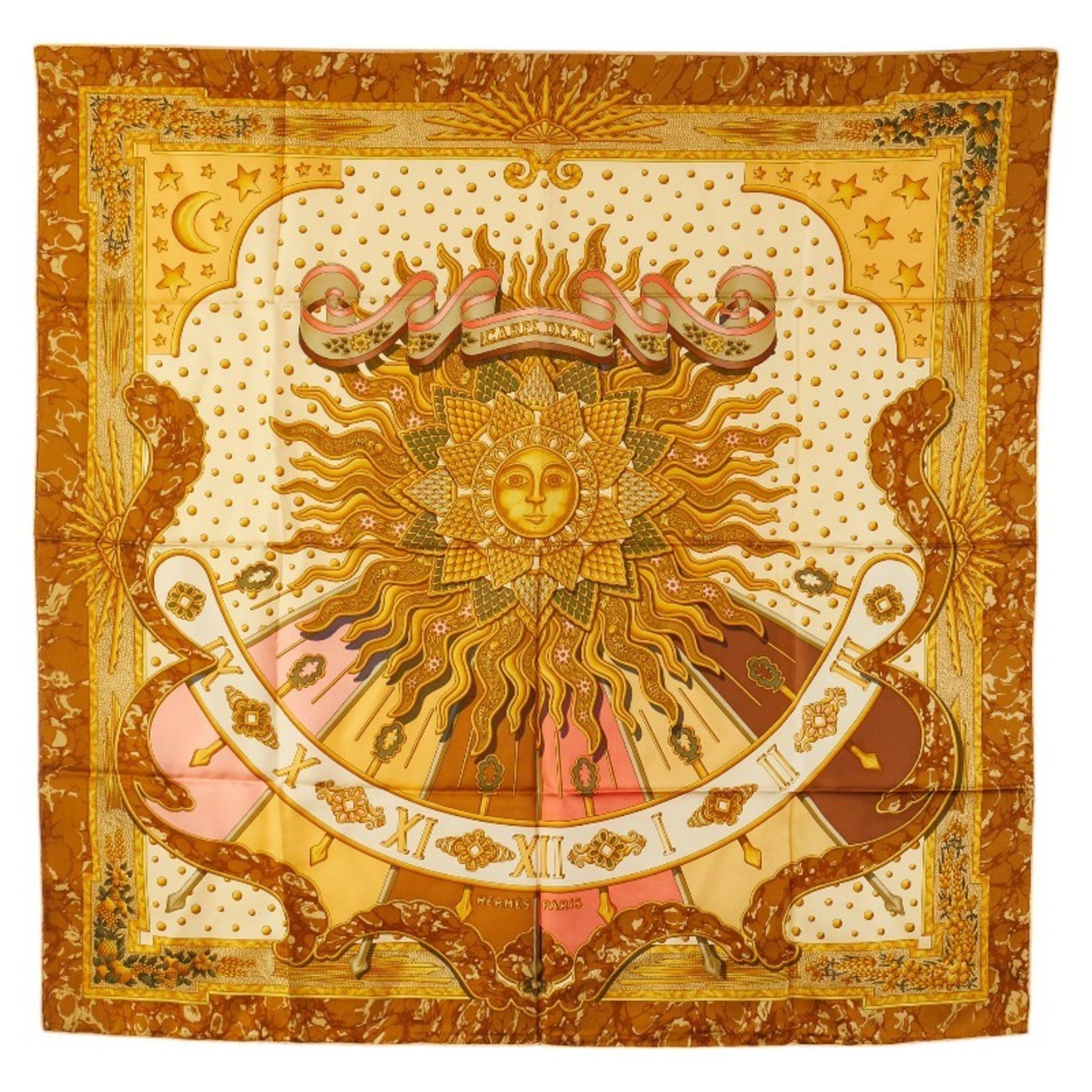 Hermes Carre 90 GLORIA SOLI Glory Day Scarf Muffler Yellow Multicolor Silk