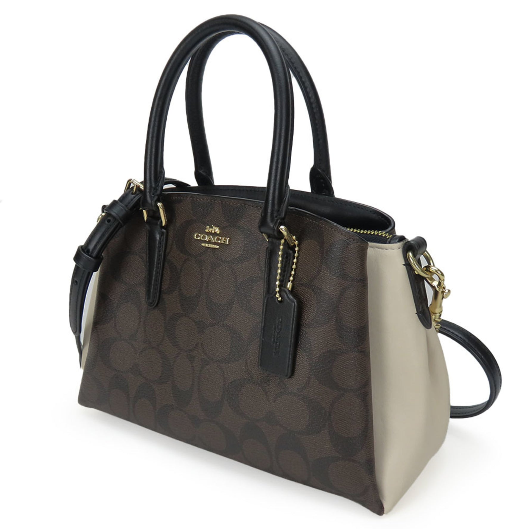 Coach Shoulder Bag Signature Leather Dark Brown Black Ivory Handbag