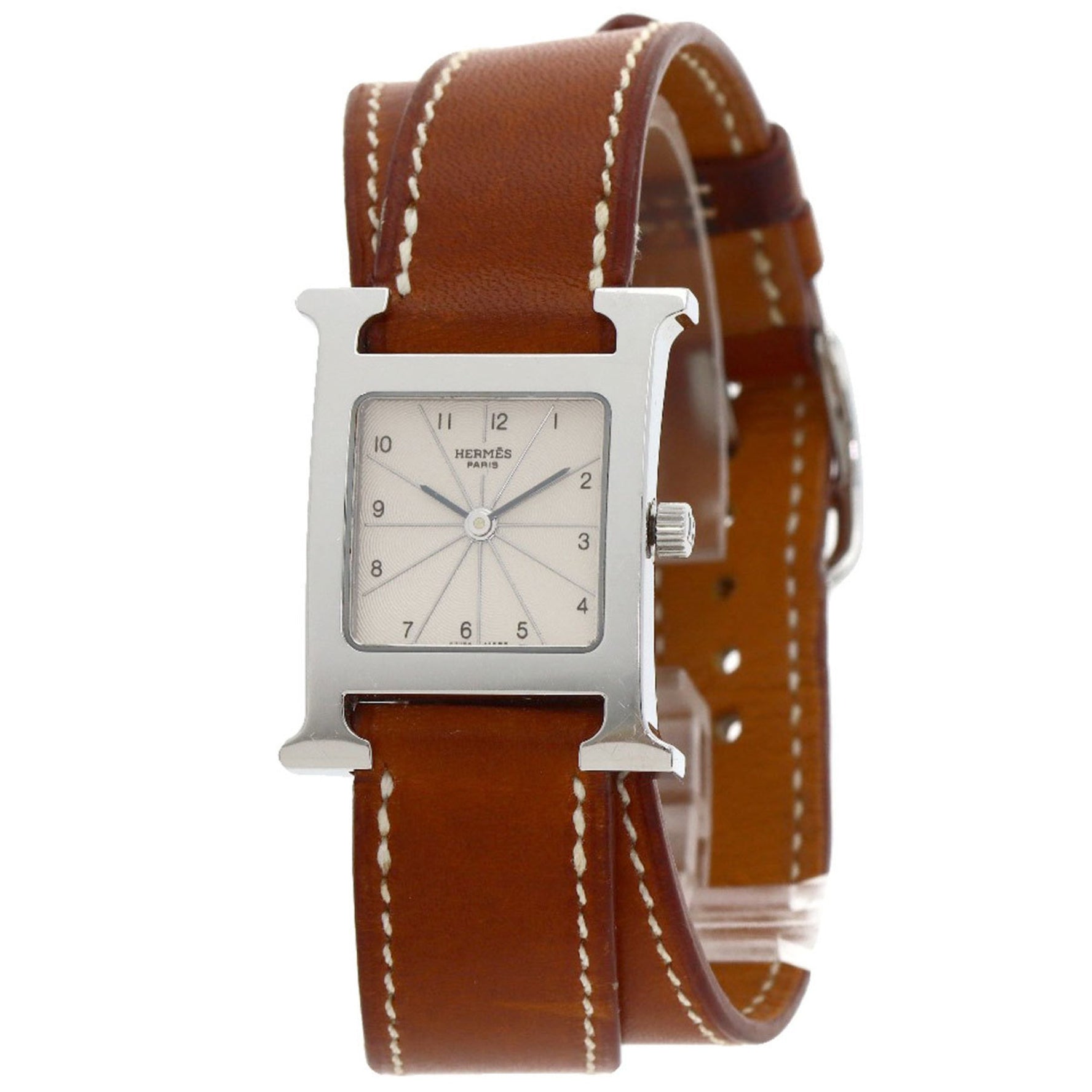 Hermes H Watch Double Tour Wristwatch Stainless Steel Leather