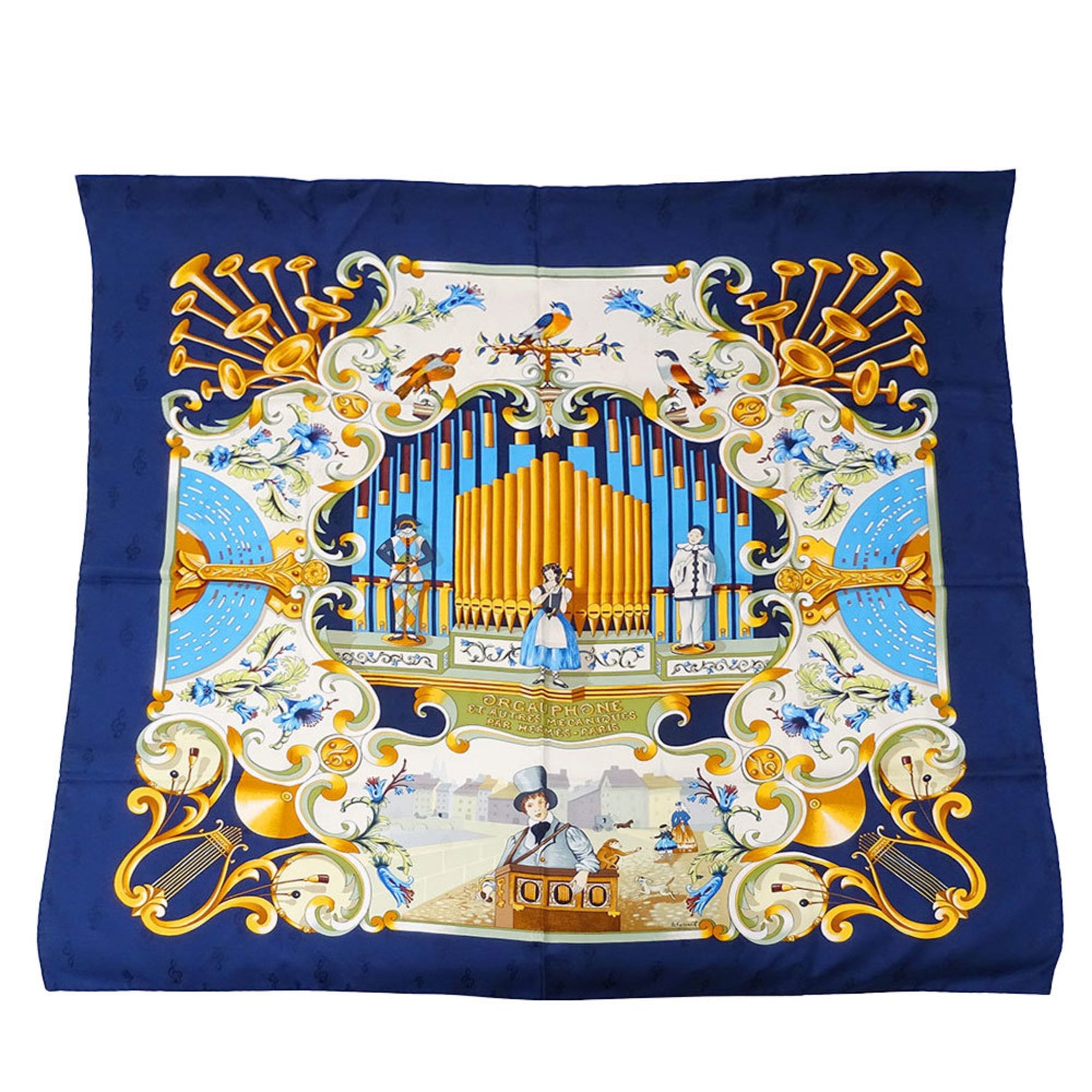 Hermès HERMES scarf/muffler brand Carré 90 ORGAUPHONE ET AUTRES MECANIQUES, pipe organ and clockwork instrument, silk, large size.