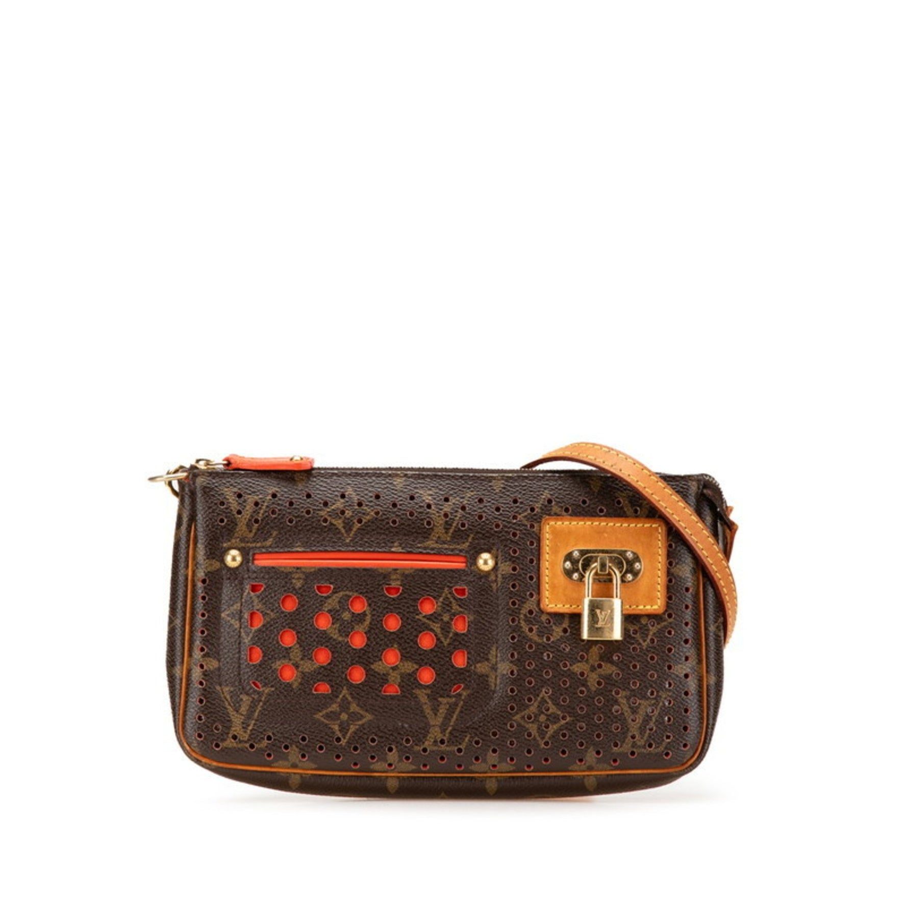 Louis Vuitton Monogram Perforated Pochette Accessory Pouch Mini Handbag Brown Orange PVC Leather