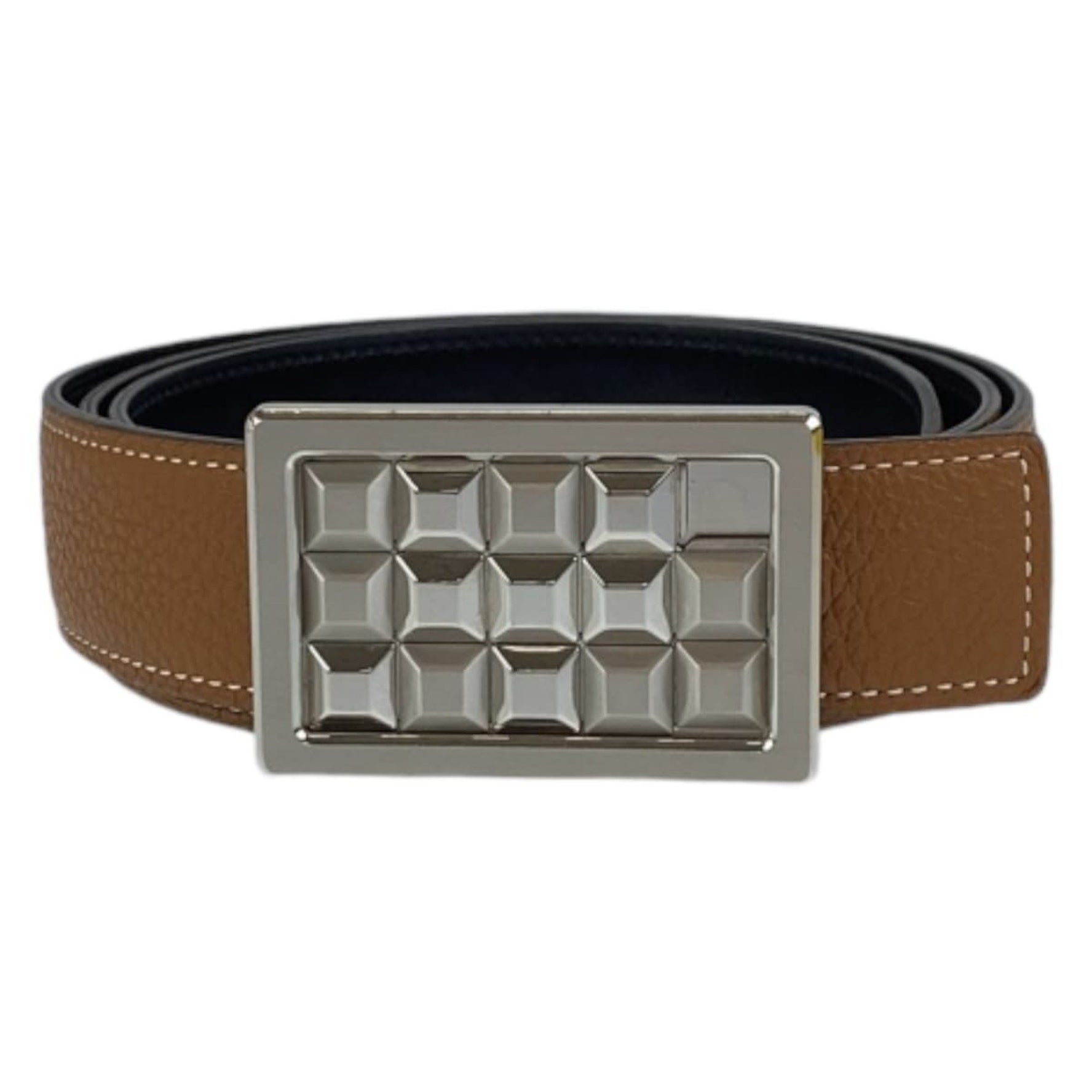 HERMES Stud Buckle Gold Camel Brown Silver Hardware Togo Box Calf Belt □P Engraved