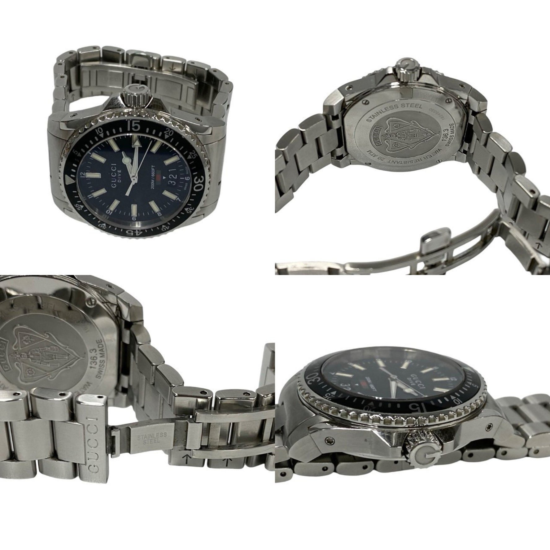 GUCCI Dive Stainless Steel Quartz Watch, Accessory, Silver/Black