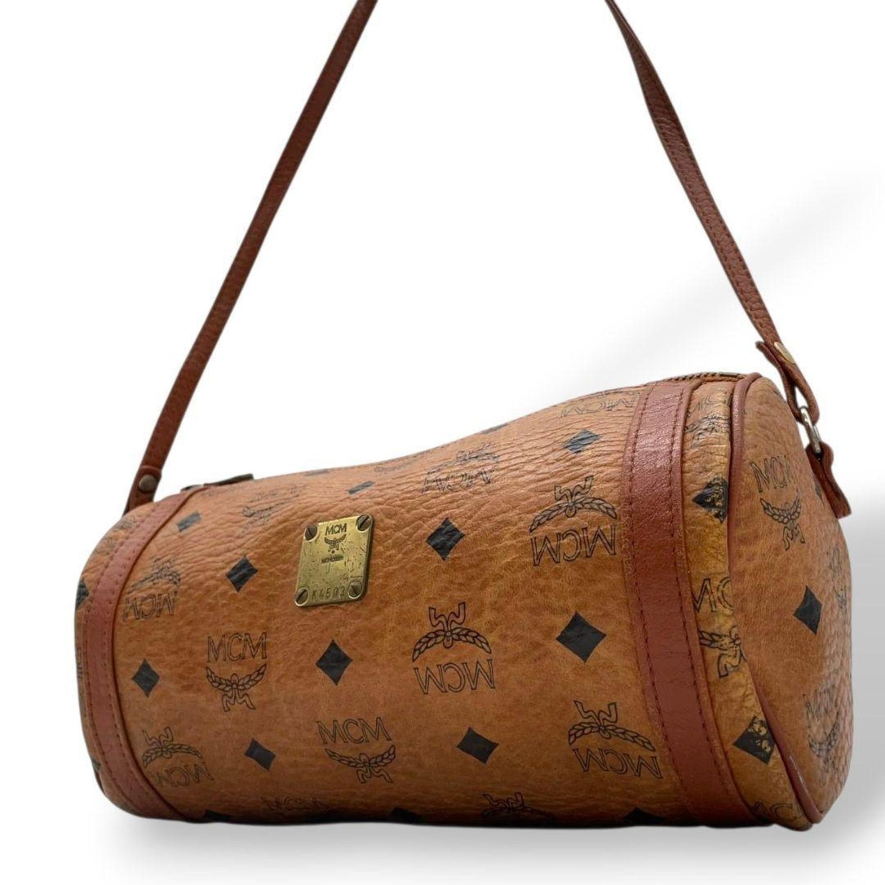 MCM Visetos Mini Boston Shoulder Bag, Leather with Gold Hardware and Logo Plate