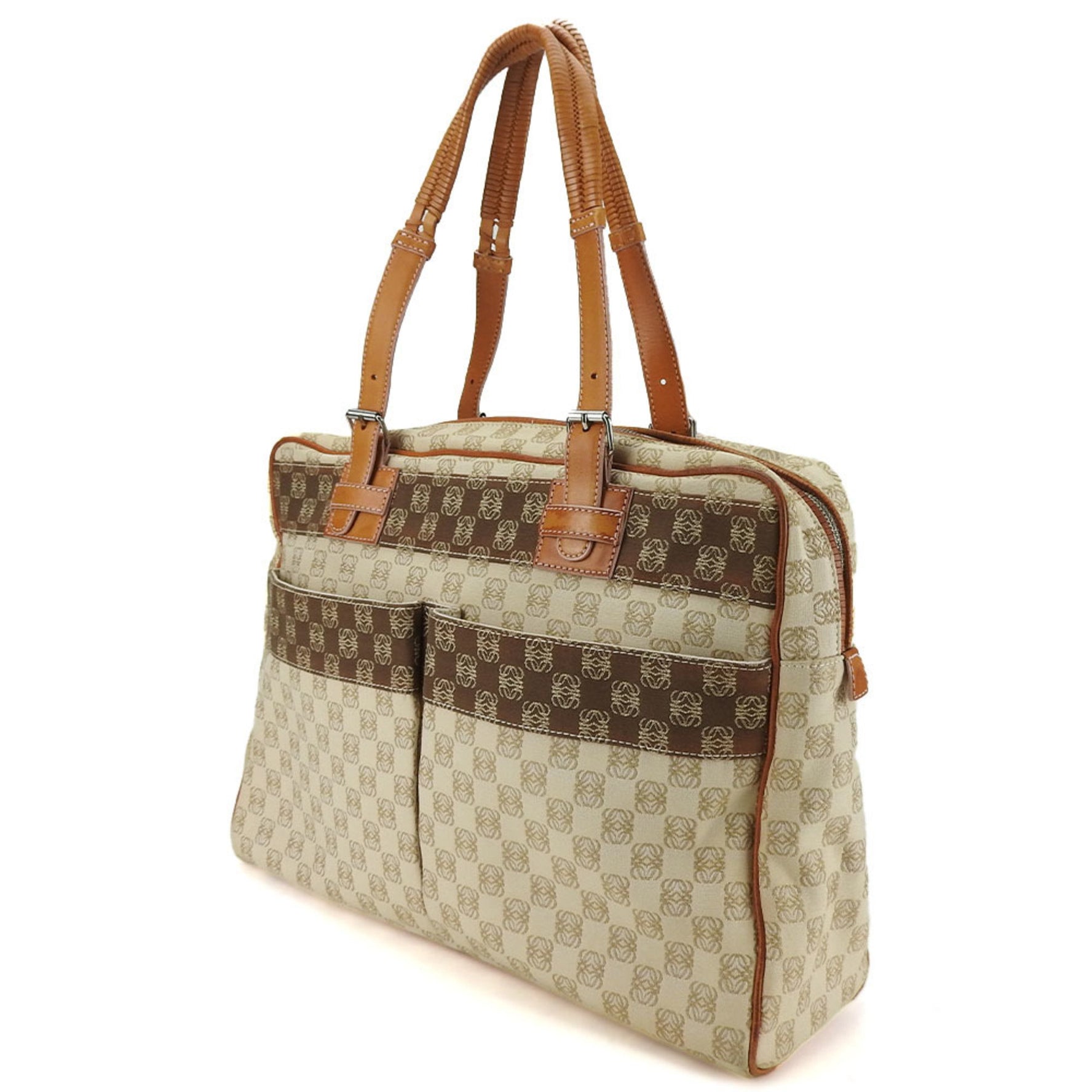 LOEWE Tote Bag Anagram Canvas Leather Beige Brown