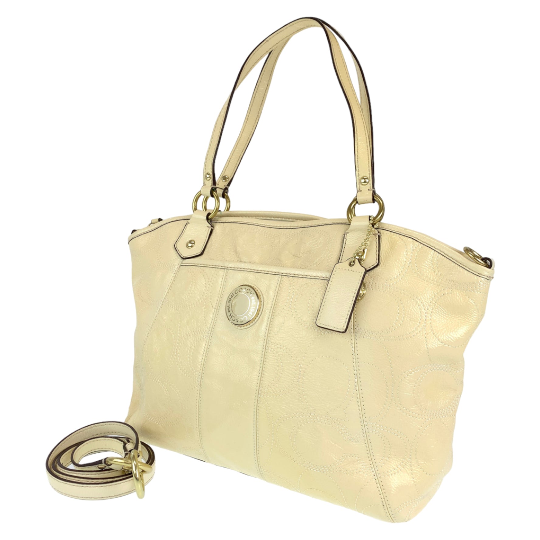 COACH Signature Cream Beige Enamel Shoulder Bag Tote Crossbody