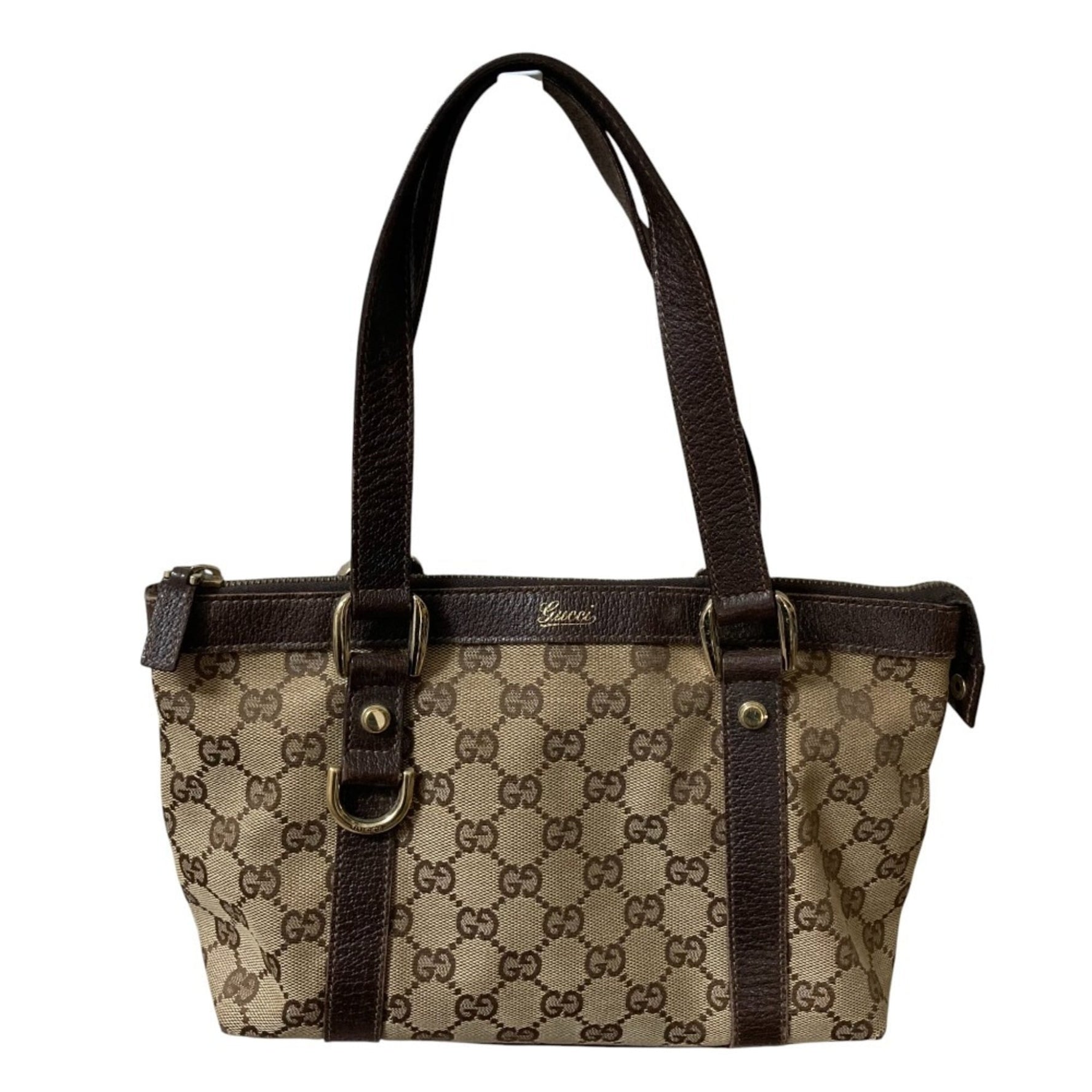 GUCCI Abbey Line GG Canvas Handbag with Leather Handles, Beige