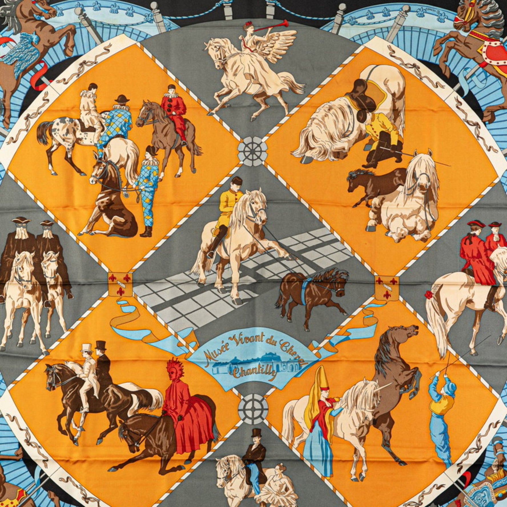 Hermes Carré 90 Musee Vivant du Cheval Chantilly Castle Horse Museum Scarf Muffler Black Multicolor Silk