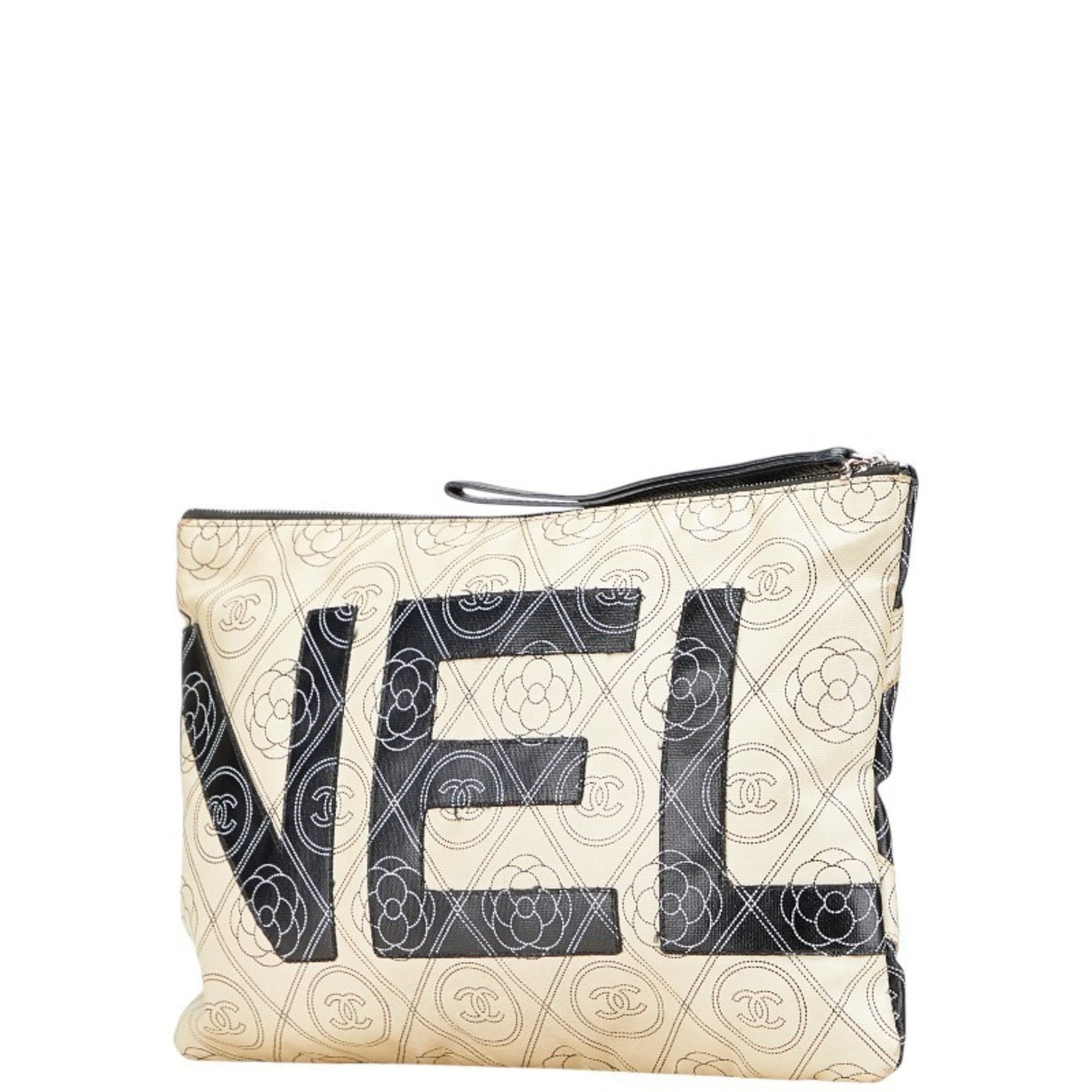 CHANEL Coco Mark Camellia Silver Hardware Clutch Bag Black Beige