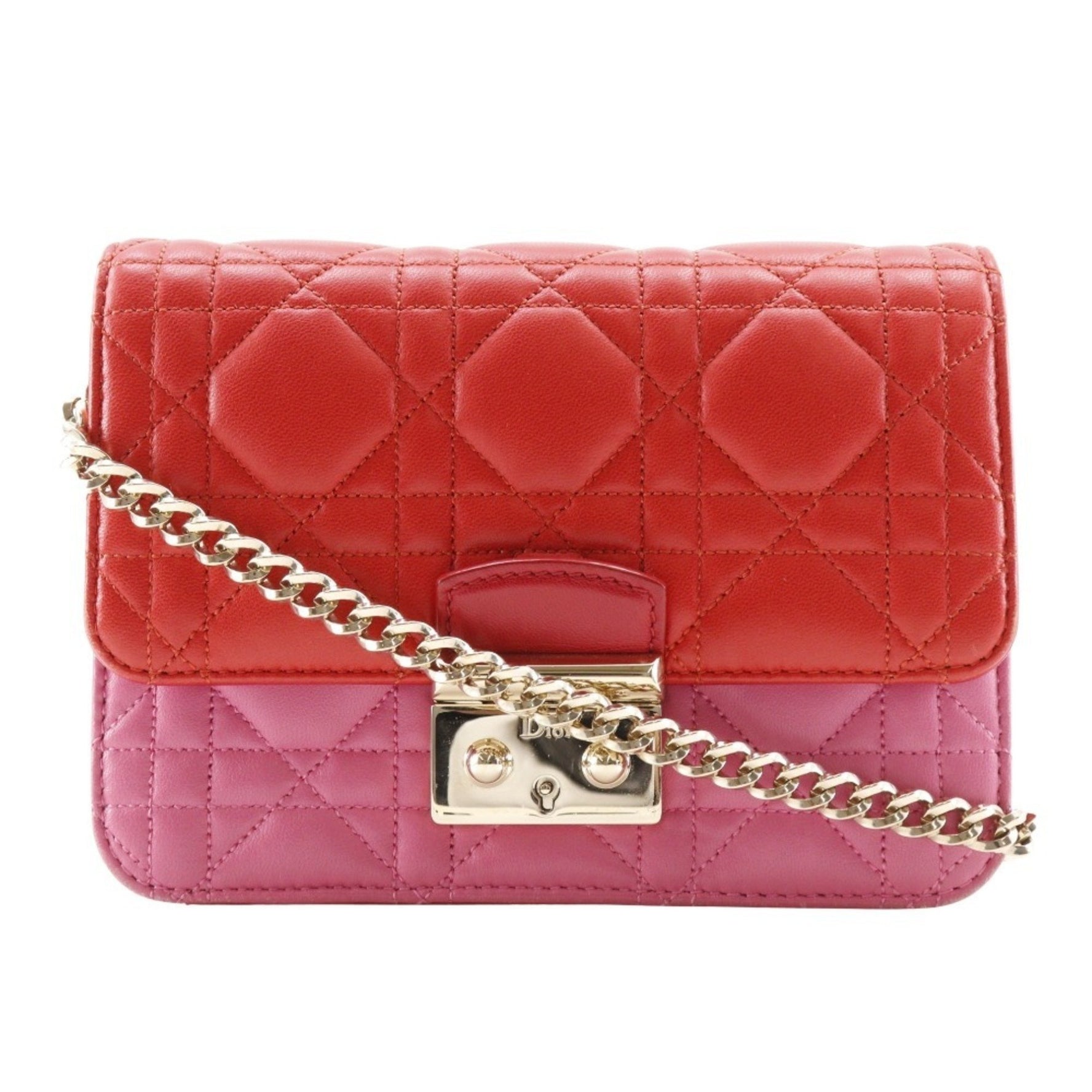 Christian Dior Chain Shoulder Bag Cannage Clutch Lambskin Red/Pink Flap ChainShoulder