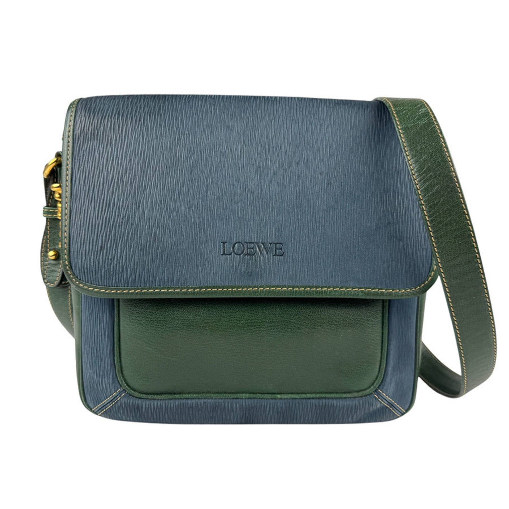 LOEWE Shoulder Bag Leather Navy Blue Dark Green Gold