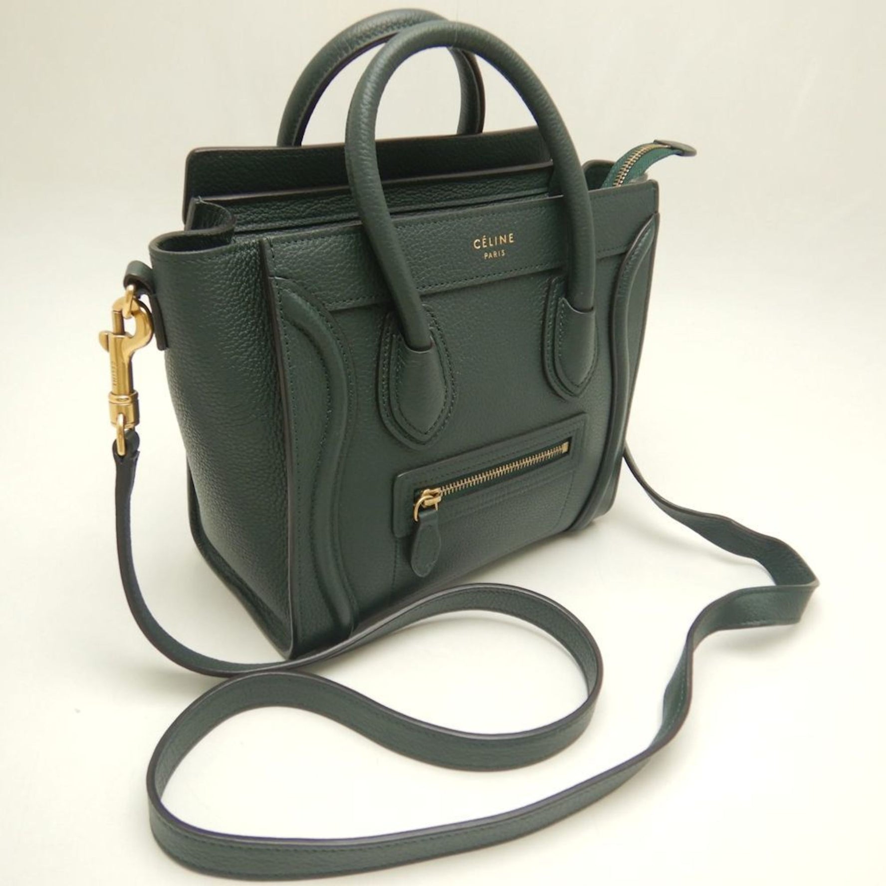 CELINE Luggage Nano Shopper Handbag Calfskin Dark Green