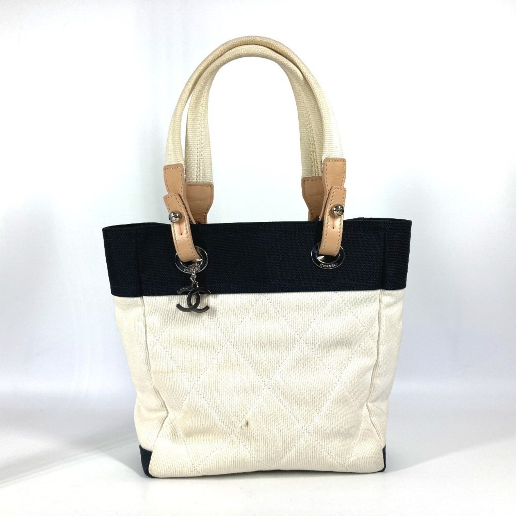 CHANEL CC Coco Mark Paris Biarritz PM Tote Bag Shoulder Canvas White