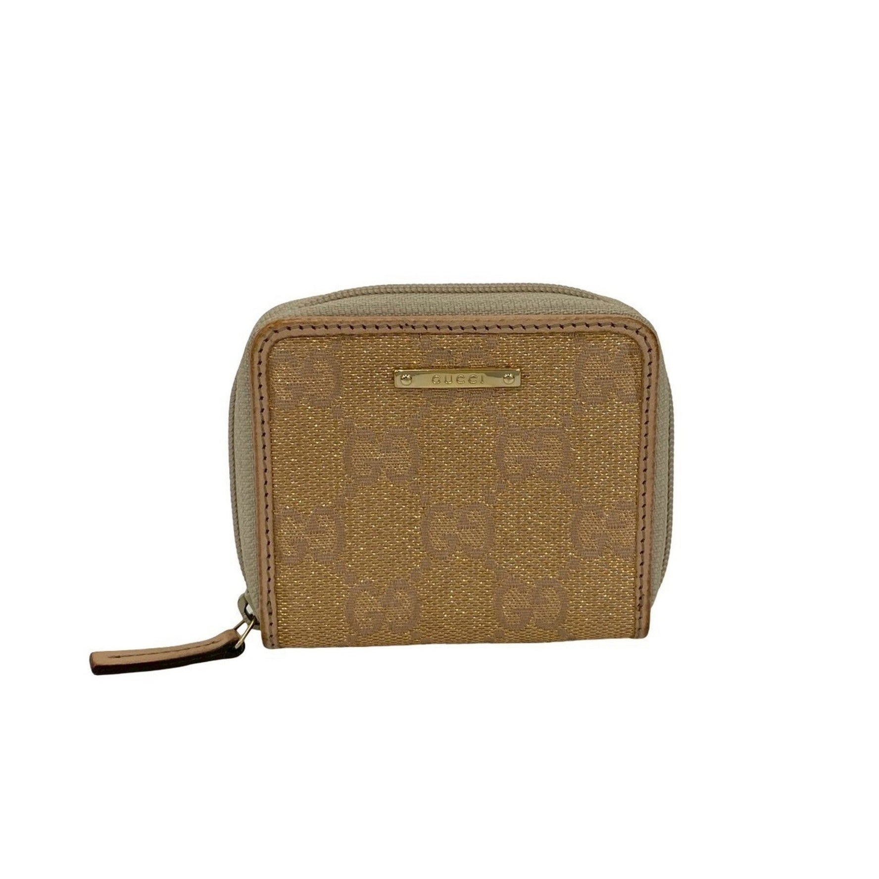 GUCCI GG pattern logo metal hardware canvas and leather round zip coin case, beige